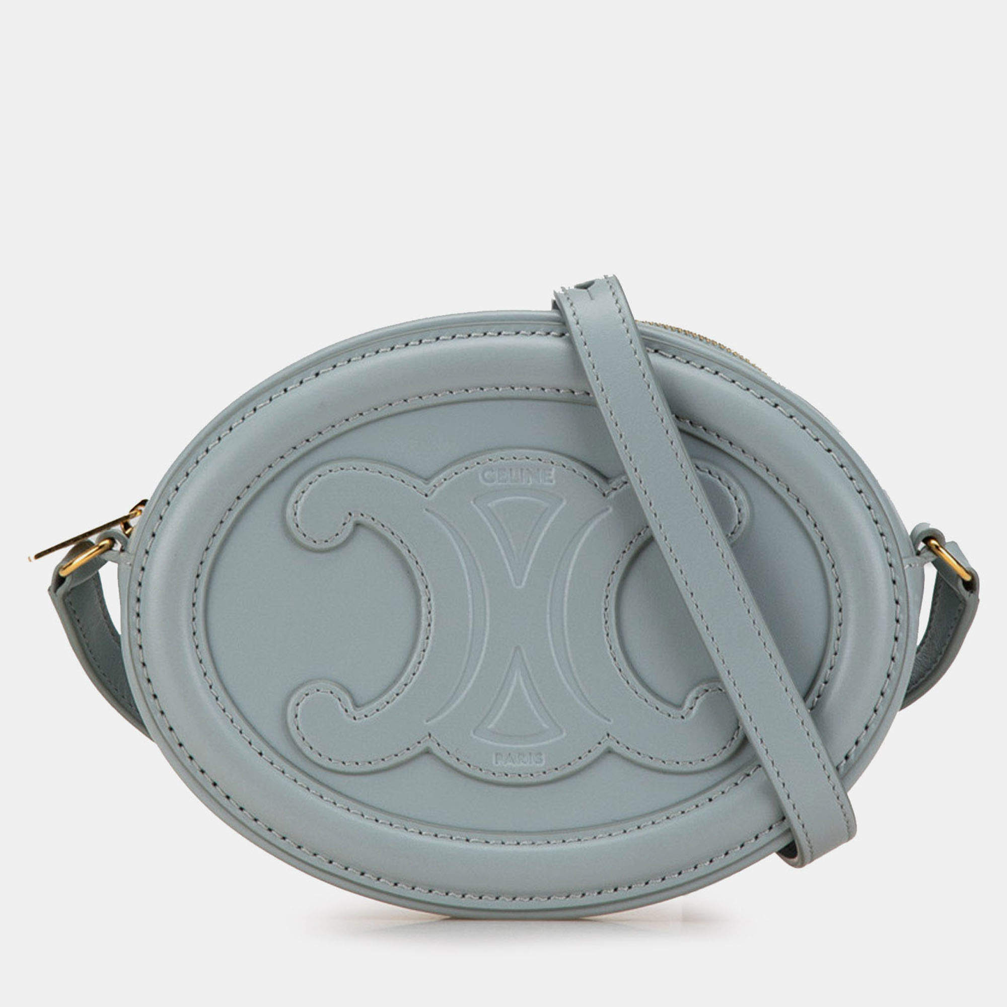 Pre Owned Celine Blue Small Calfskin Cuir Triomphe Oval Crossbody