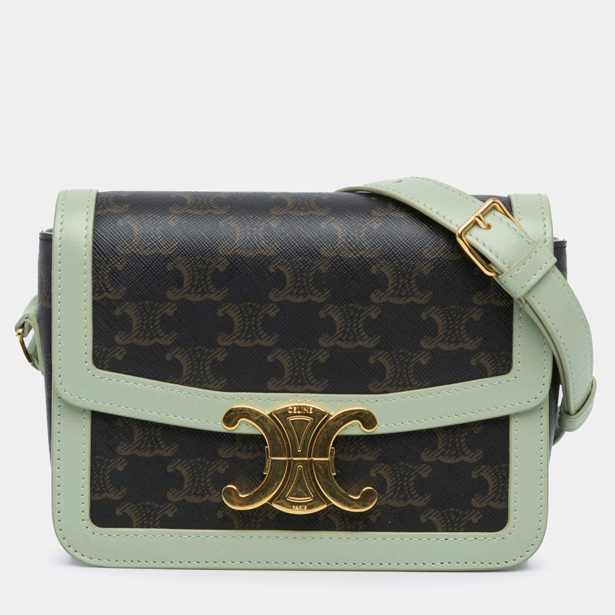 Pre Owned Celine Brown Teen Triomphe Coated Canvas and Calfskin Triomphe Crossbody