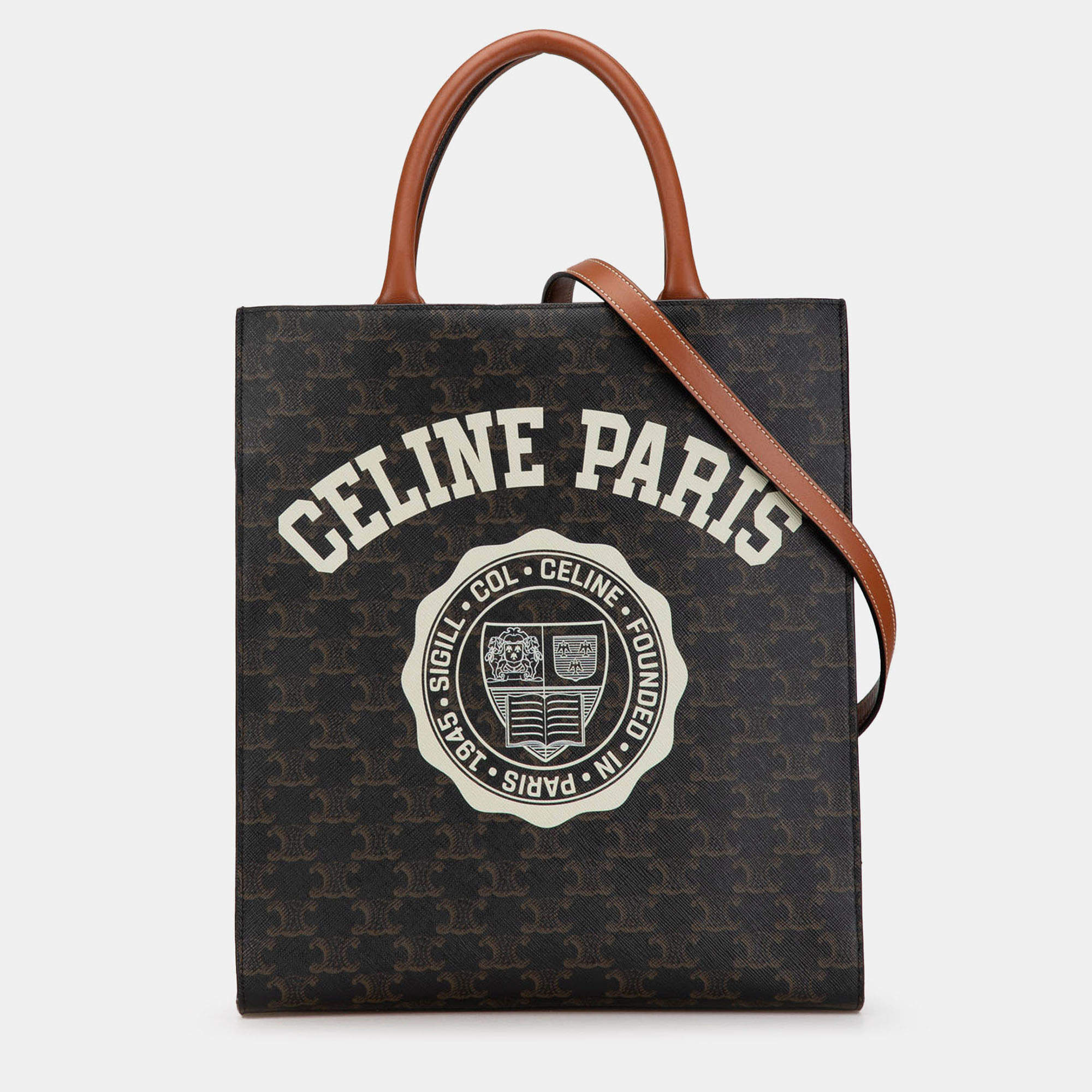 Pre Owned Celine Brown Small Paris Print Triomphe Coated Canvas Vertical Cabas Tote