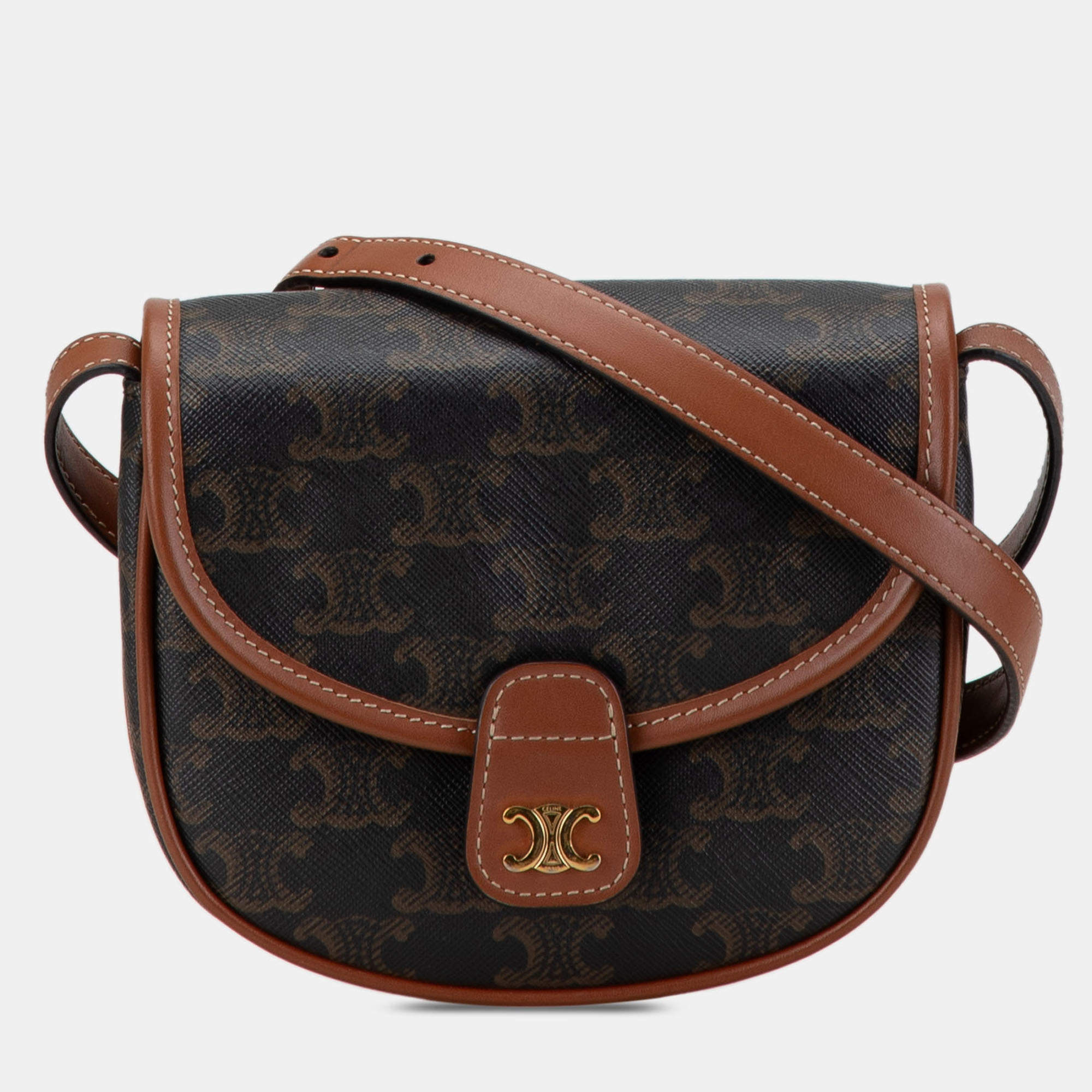 Pre Owned Celine Brown Mini Triomphe Coated Canvas Besace Crossbody