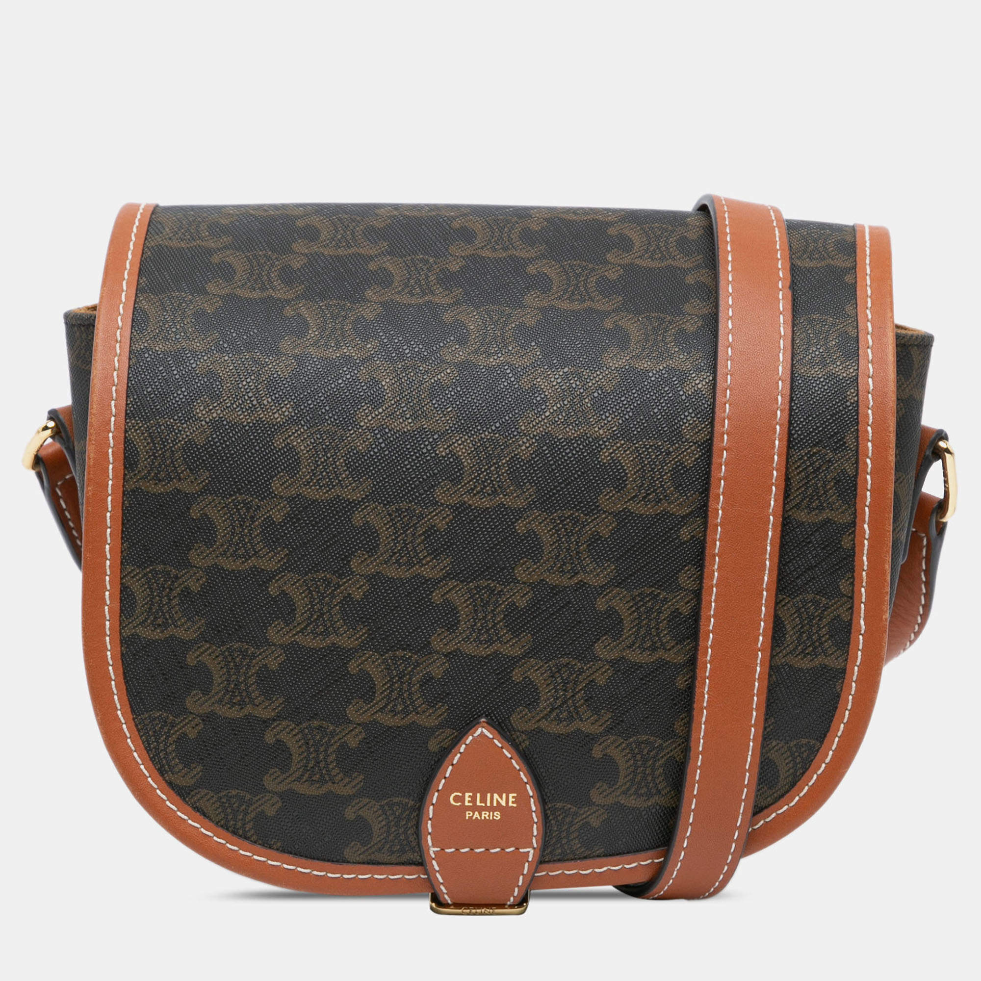Pre Owned Celine Brown Medium Triomphe Coated Canvas Folco Crossbody