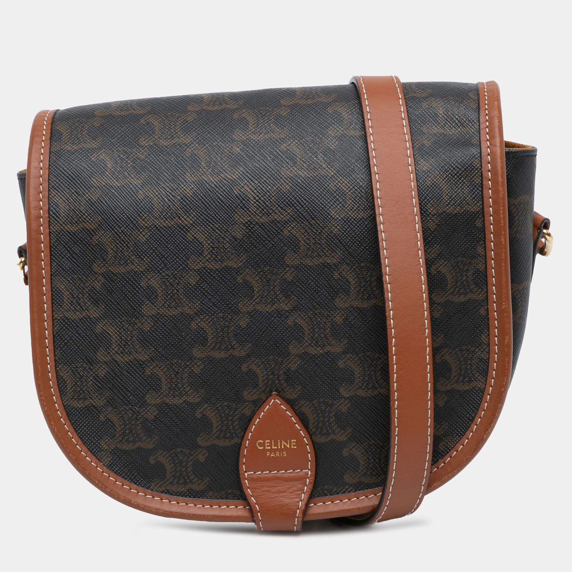 Pre Owned Celine Brown Medium Triomphe Coated Canvas Folco Crossbody