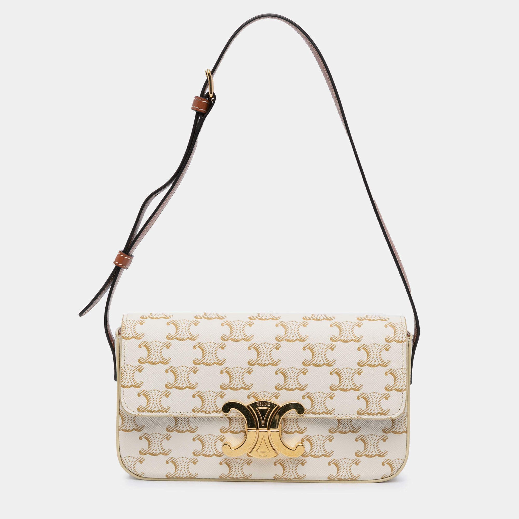 Pre Owned Celine White Triomphe Coated Canvas Claude Shoulder Bag