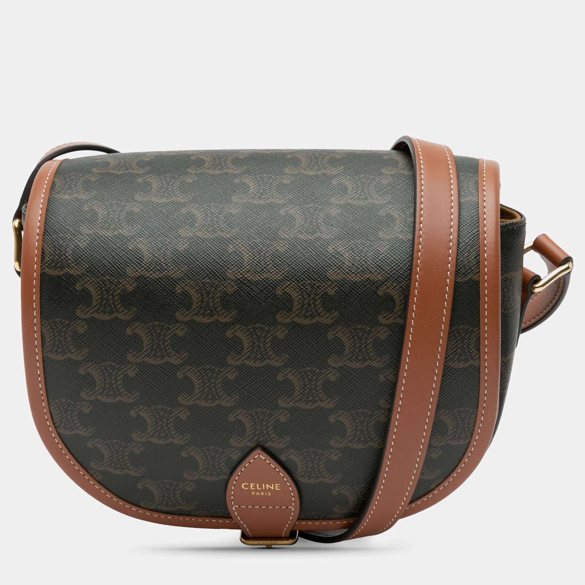 Pre Owned Celine Brown Medium Triomphe Coated Canvas Folco Crossbody