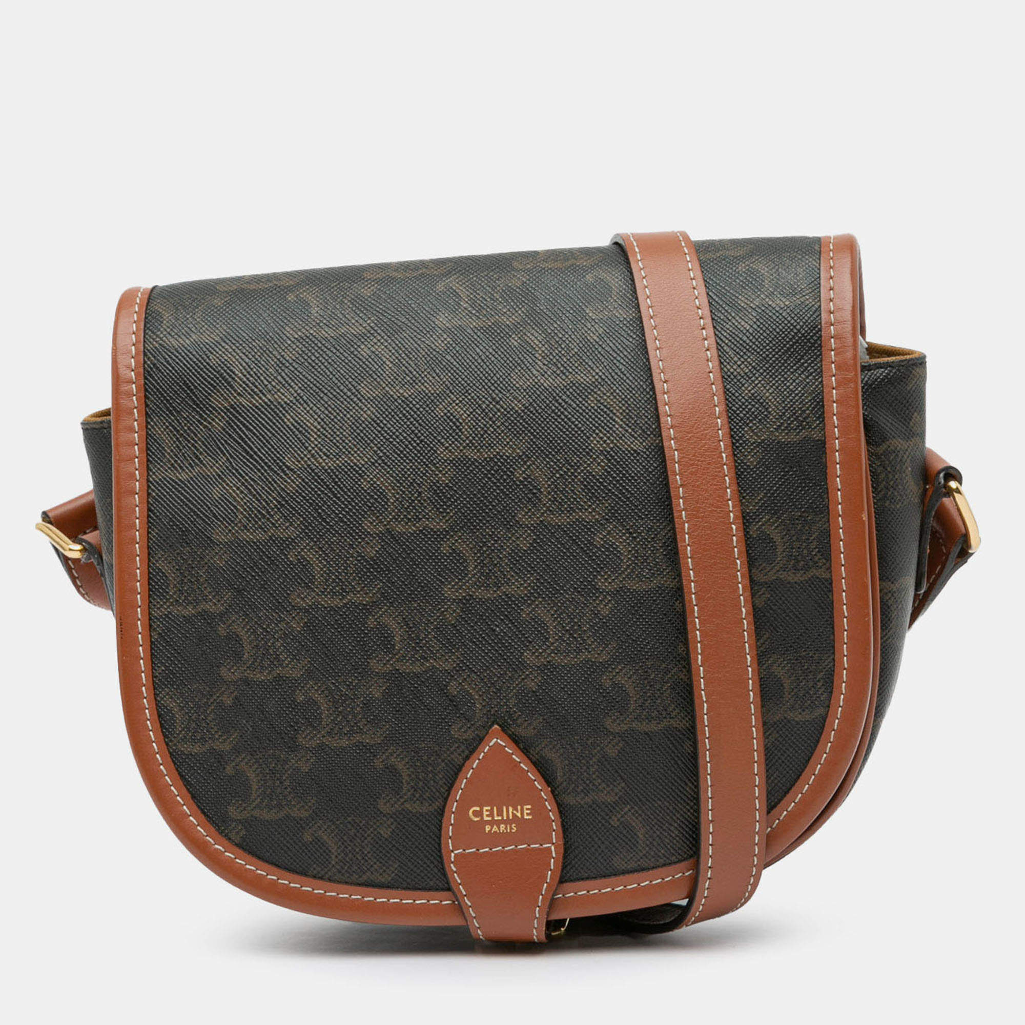 Pre Owned Celine Brown Medium Triomphe Coated Canvas Folco Crossbody