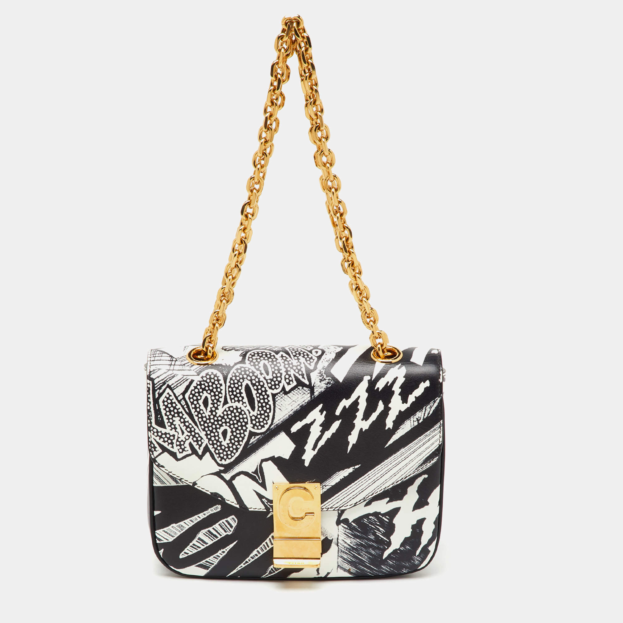 Pre Owned Celine x Christian Marclay Black Leather Zzhaa Print Small C Shoulder Bag