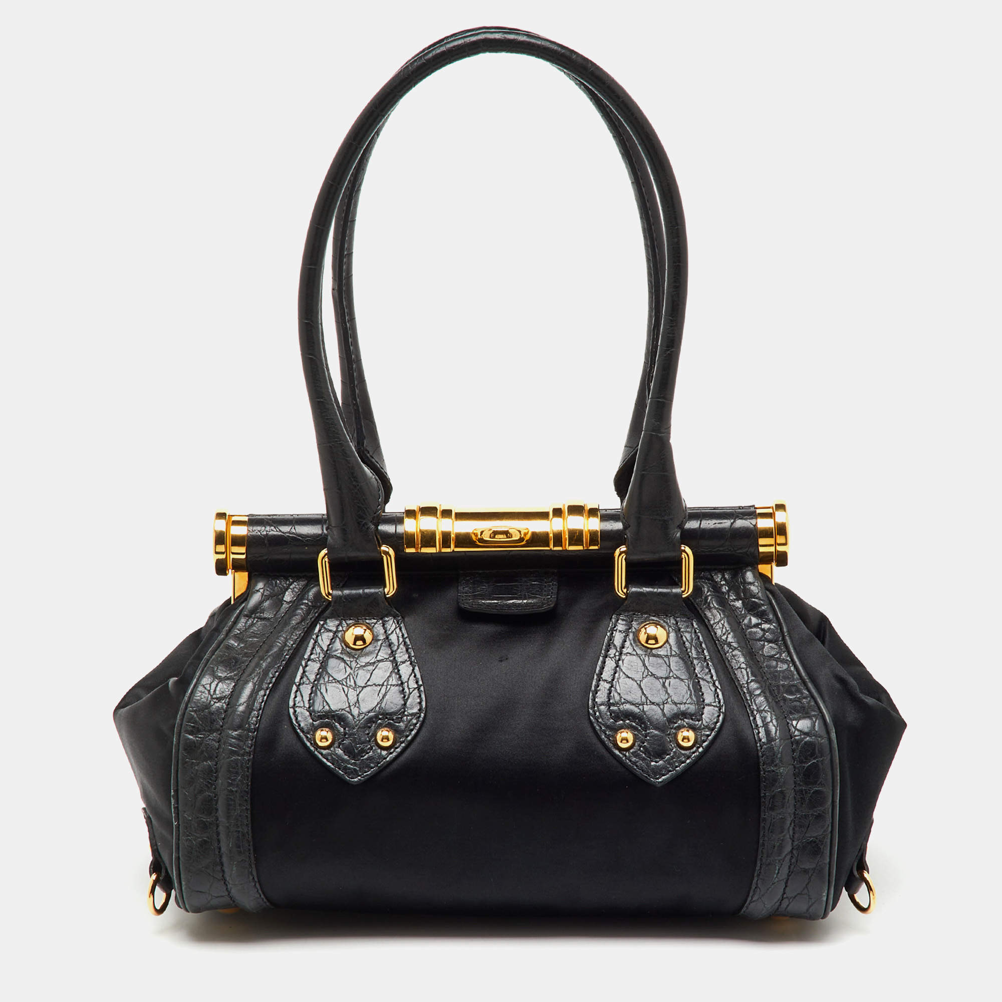 Pre Owned Celine Black Croc Embossed Leather and Satin Vintage Triomphe Clasp Bag