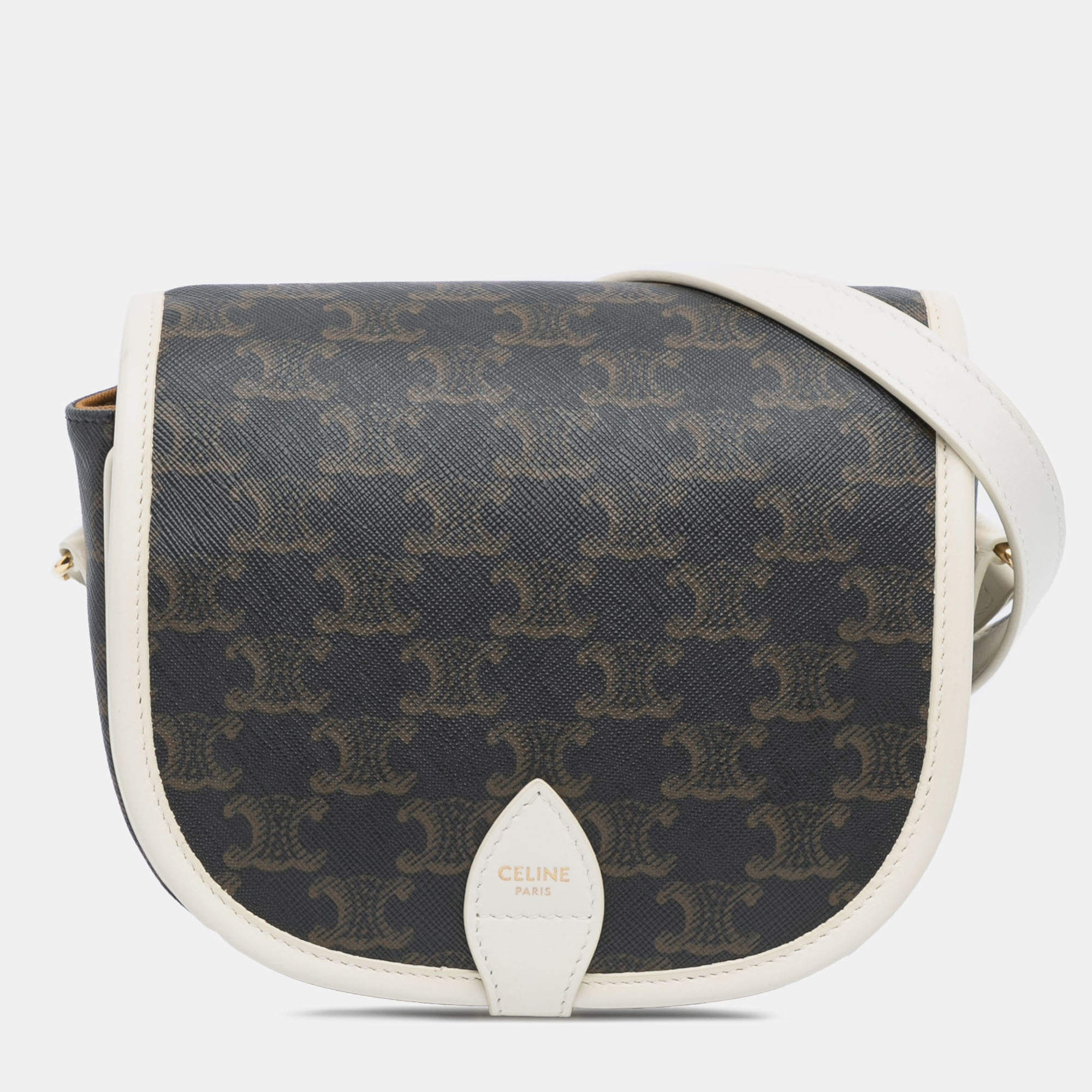 Pre Owned Celine Brown White Medium Triomphe Coated Canvas Folco Crossbody