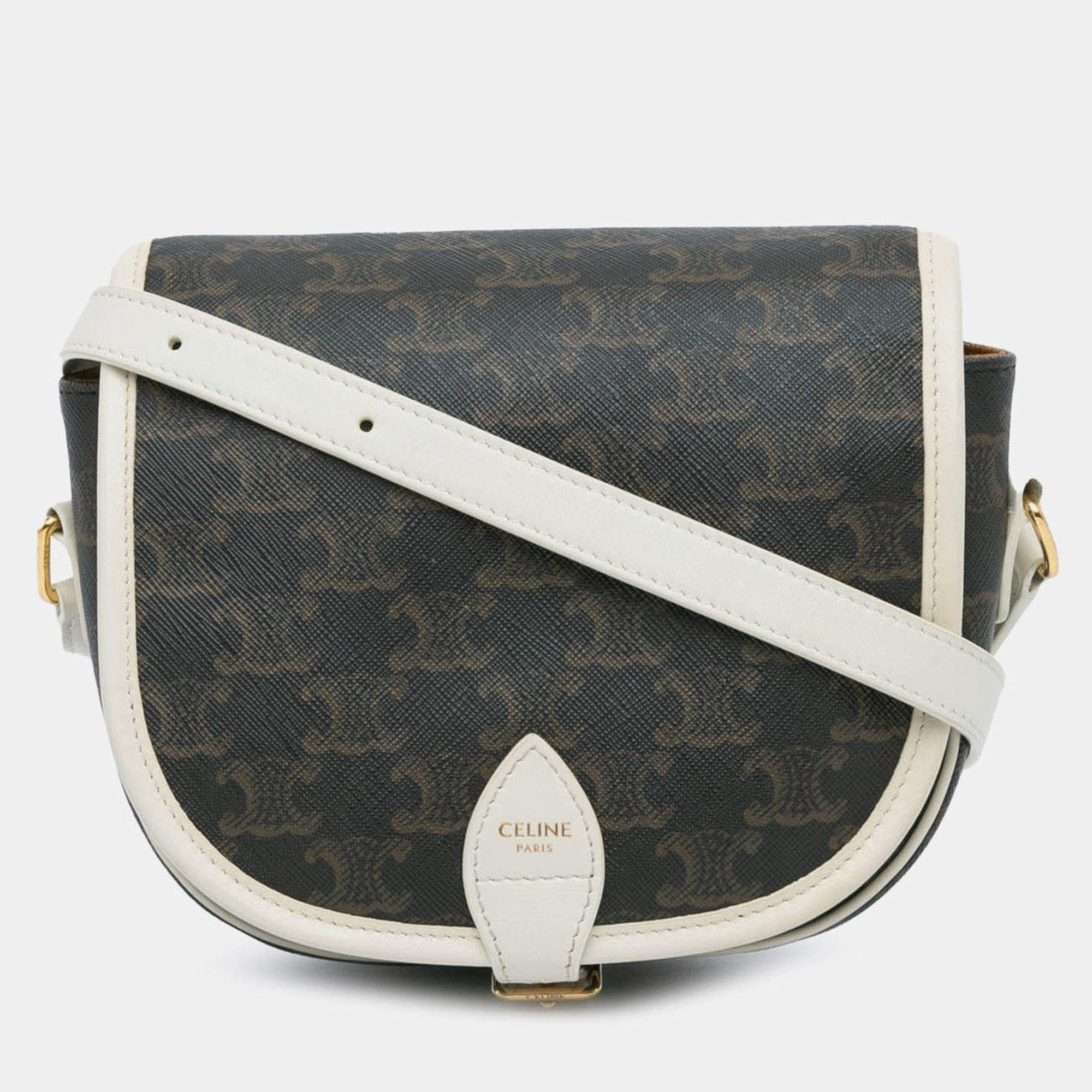 Pre Owned Celine Brown White Medium Triomphe Coated Canvas Folco Crossbody