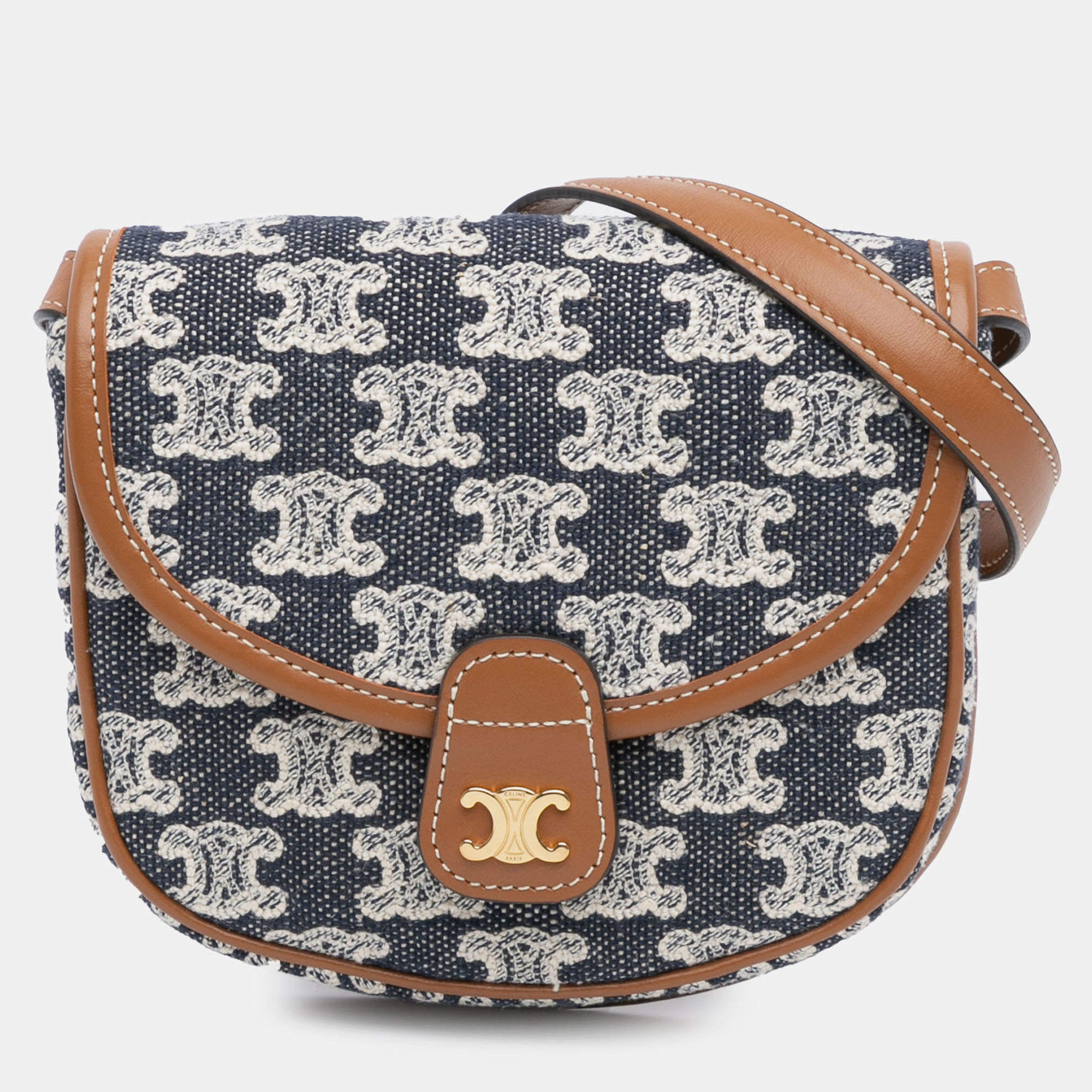 Pre Owned Celine Brown Navy Blue Mini Triomphe Canvas and Calfskin Besace Crossbody