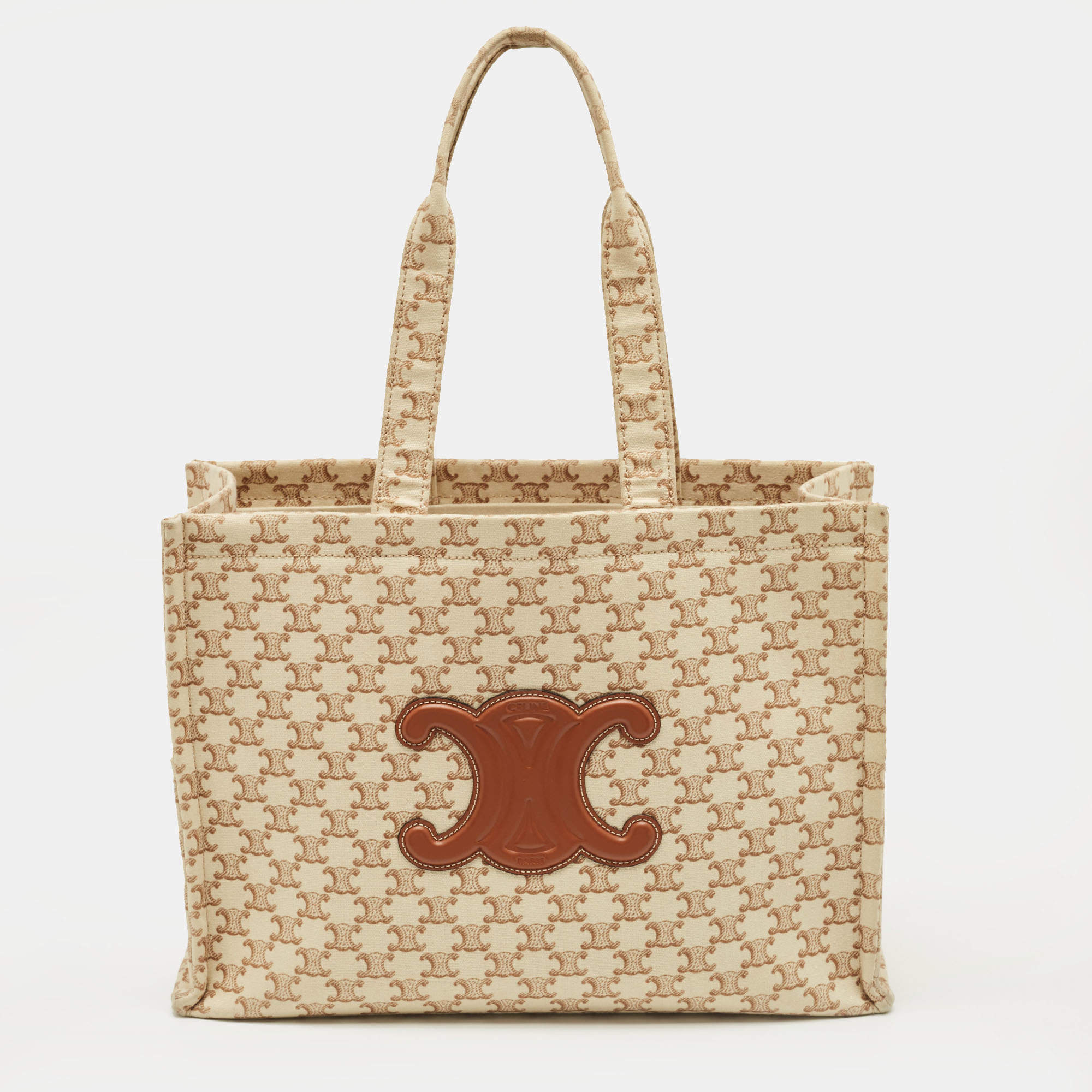 Pre Owned Celine Beige/Brown Triomphe Canvas Large Cabas Thais Tote