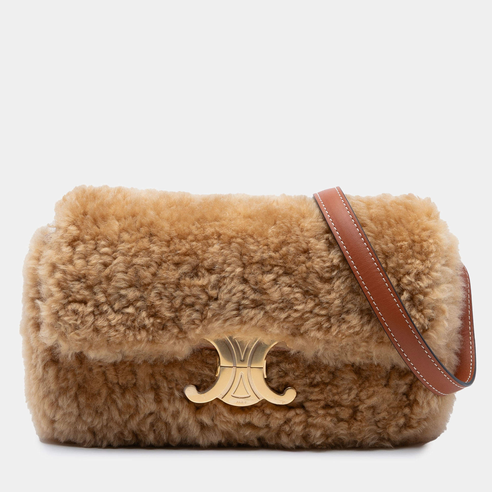 Pre Owned Celine Brown Shearling Triomphe Shoulder Bag