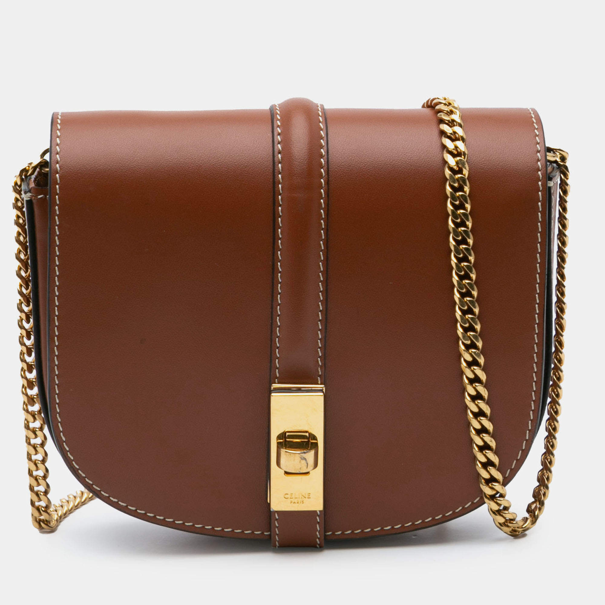 Pre Owned Celine Brown Small Leather Besace 16 Wallet On Chain