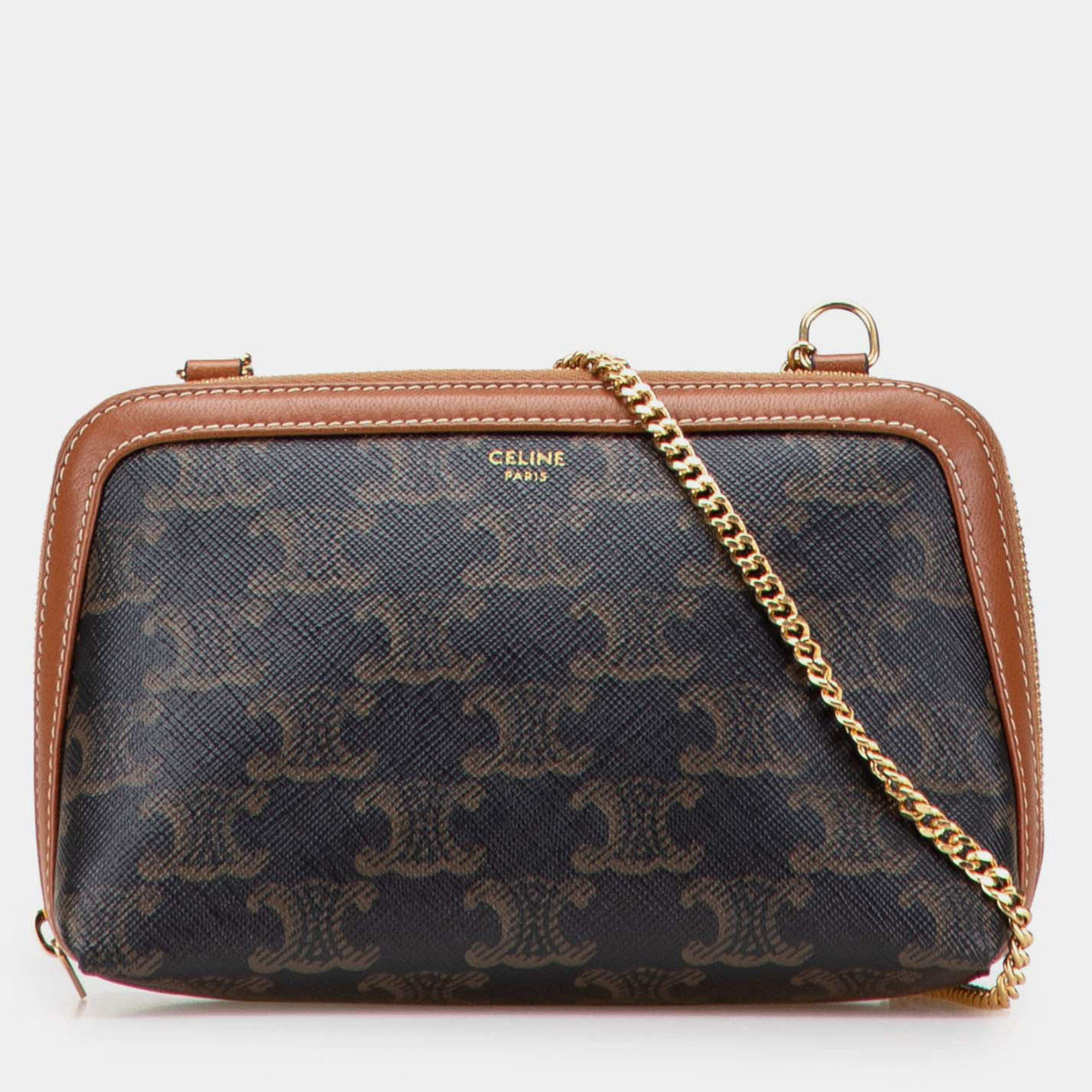 Pre Owned Celine Brown Triomphe Coated Canvas Clutch On Chain