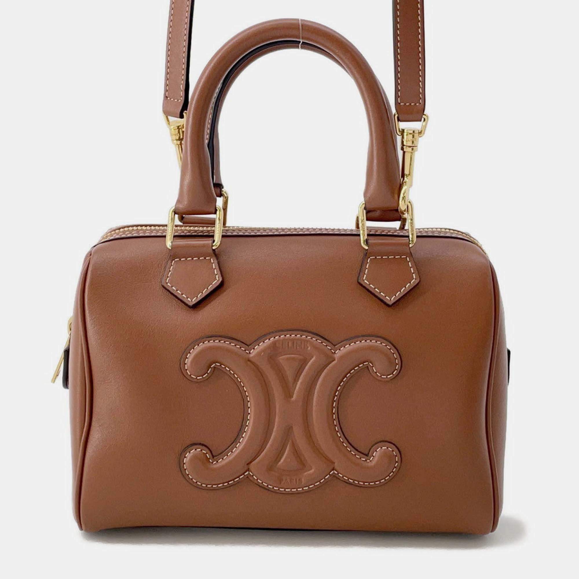 Pre Owned Celine Triomphe Boston Tan Leather Small 2-Way Handbag