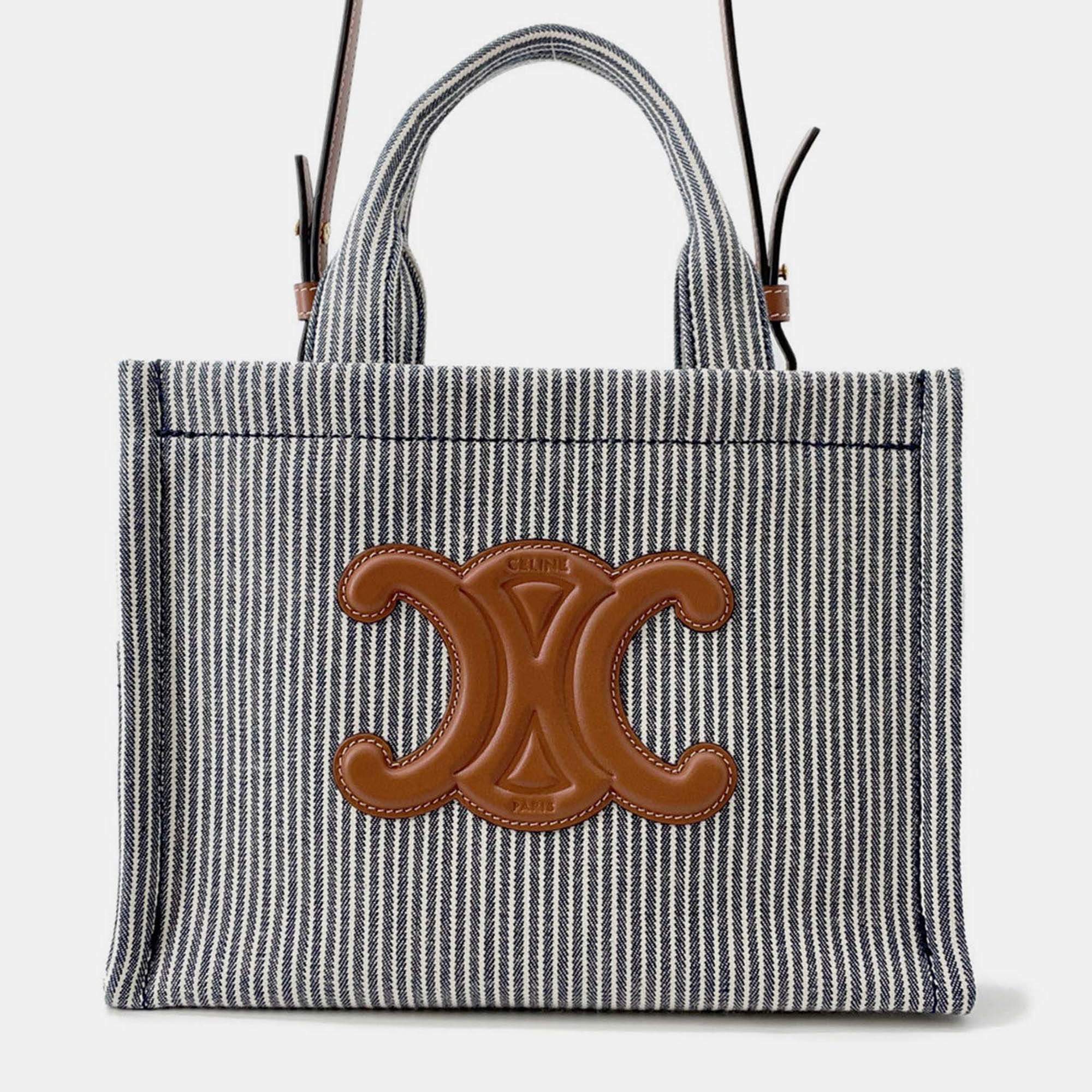 Pre Owned Celine Small Kabatais 2-Way Bag Navy Blue/Brown Canvas Leather