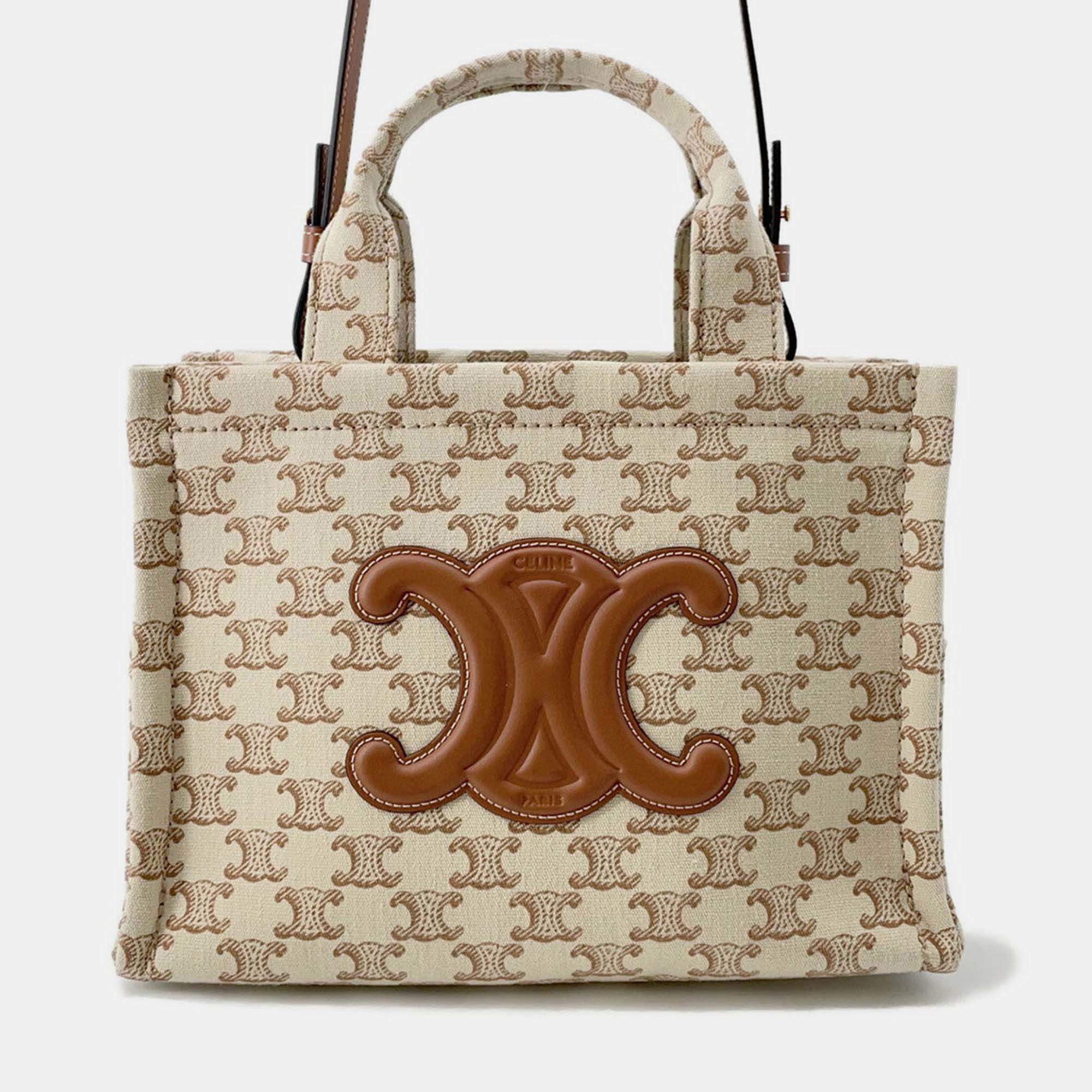Pre Owned Celine Small Kabatais 2-Way Bag Beige/Brown Canvas Leather