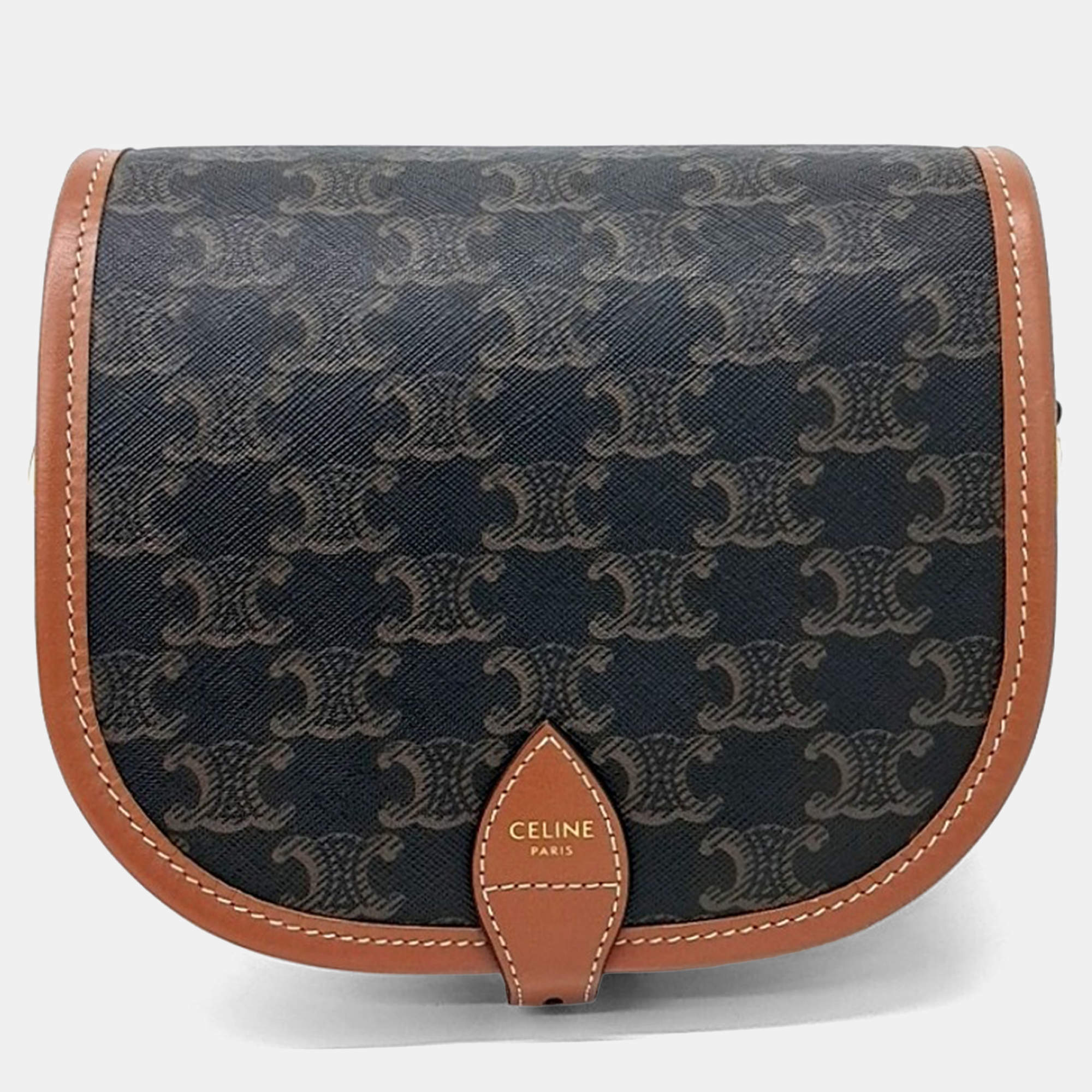 Pre Owned Celine Brown Coated Canvas Folco Bag Medium