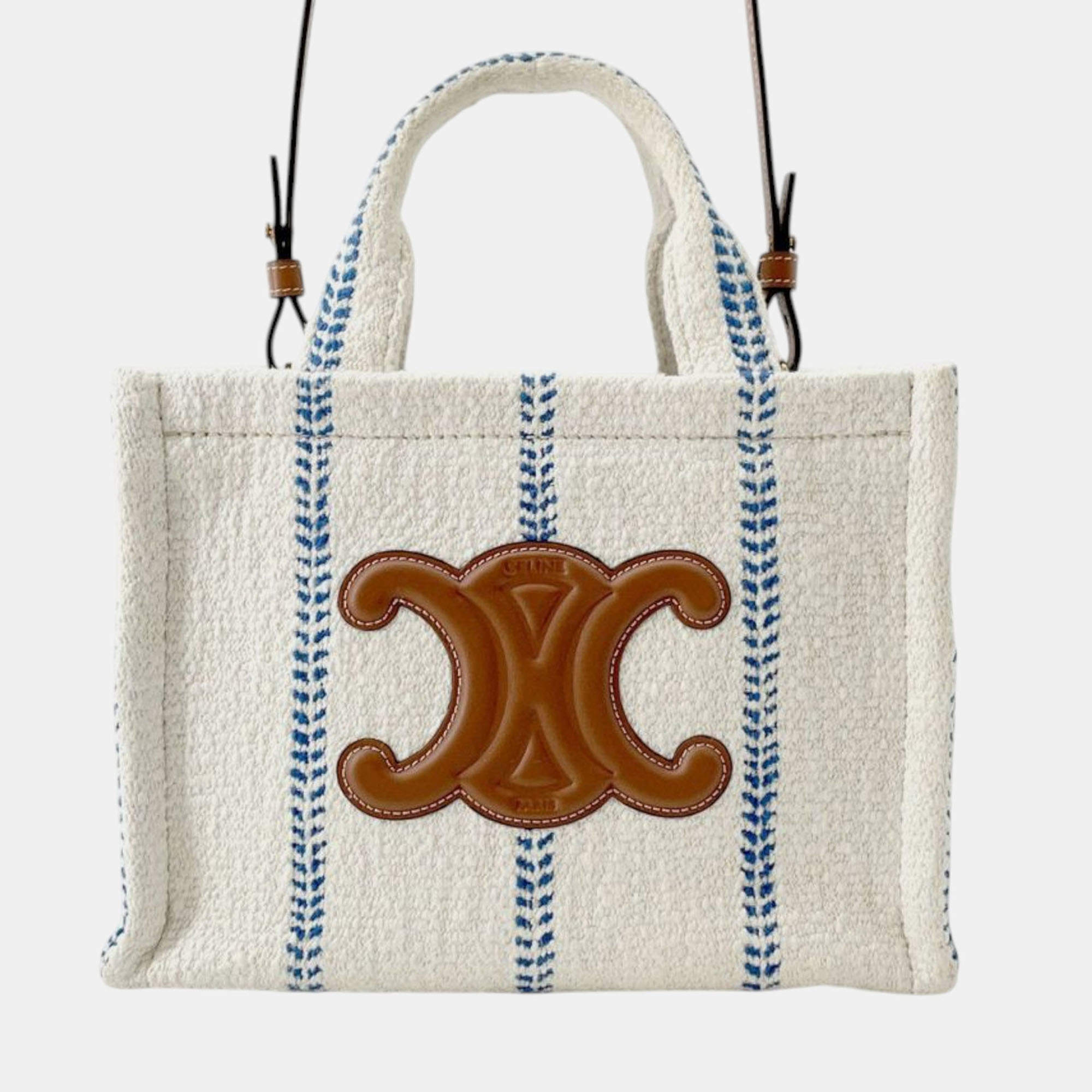 Pre Owned Celine White Small Wool Cuir Triomphe Stripe Cabas Thais Satchel