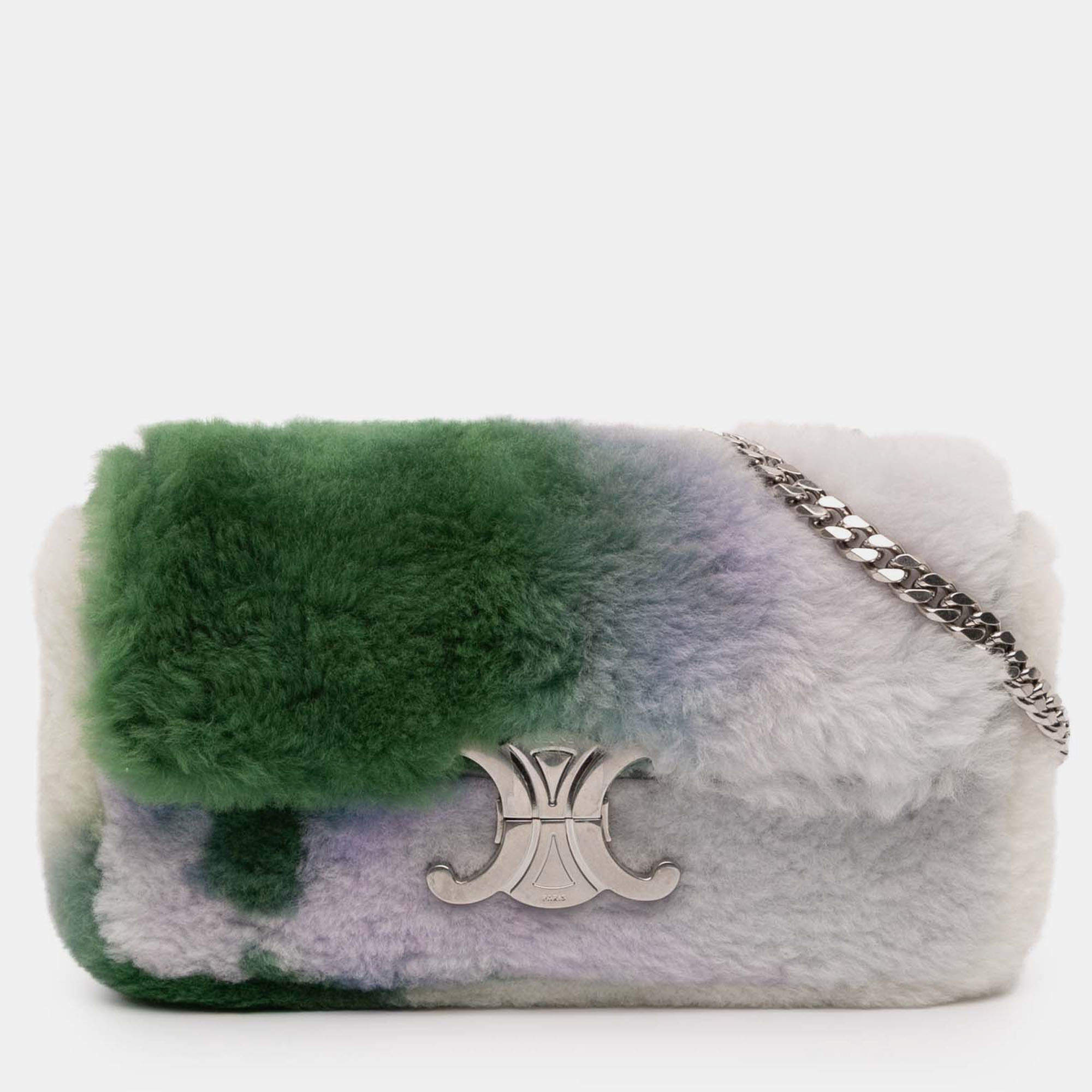 Pre Owned Celine Multicolor Shearling Triomphe Chain Shoulder Bag