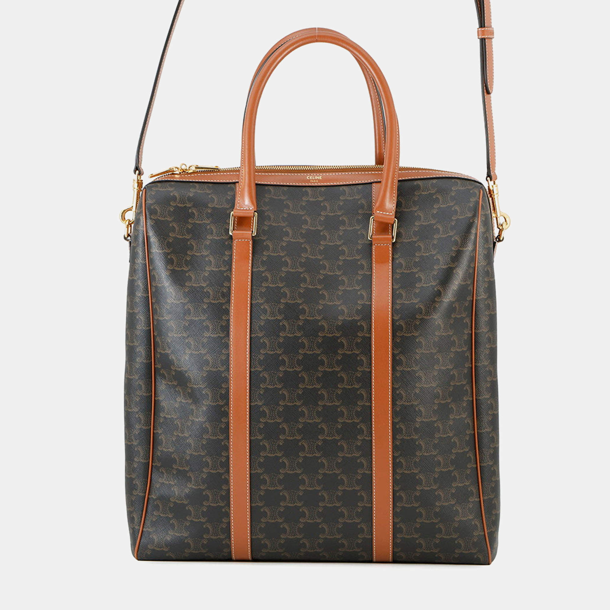 Pre Owned Celine Triomphe Vertical Travel Bag Black/Tan Pvc Leather