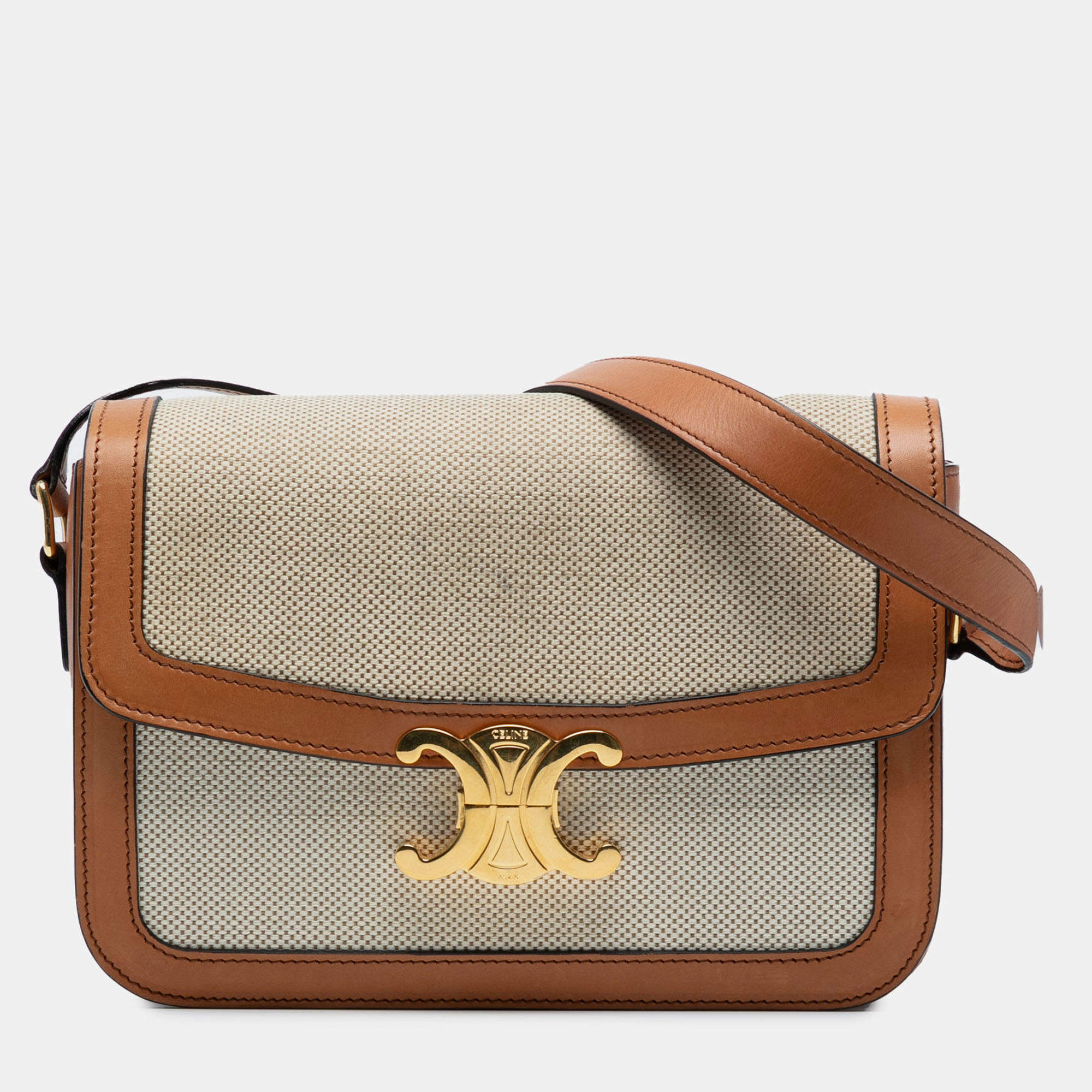 Pre Owned Celine Beige Brown Classique Canvas and Calfskin Triomphe Crossbody