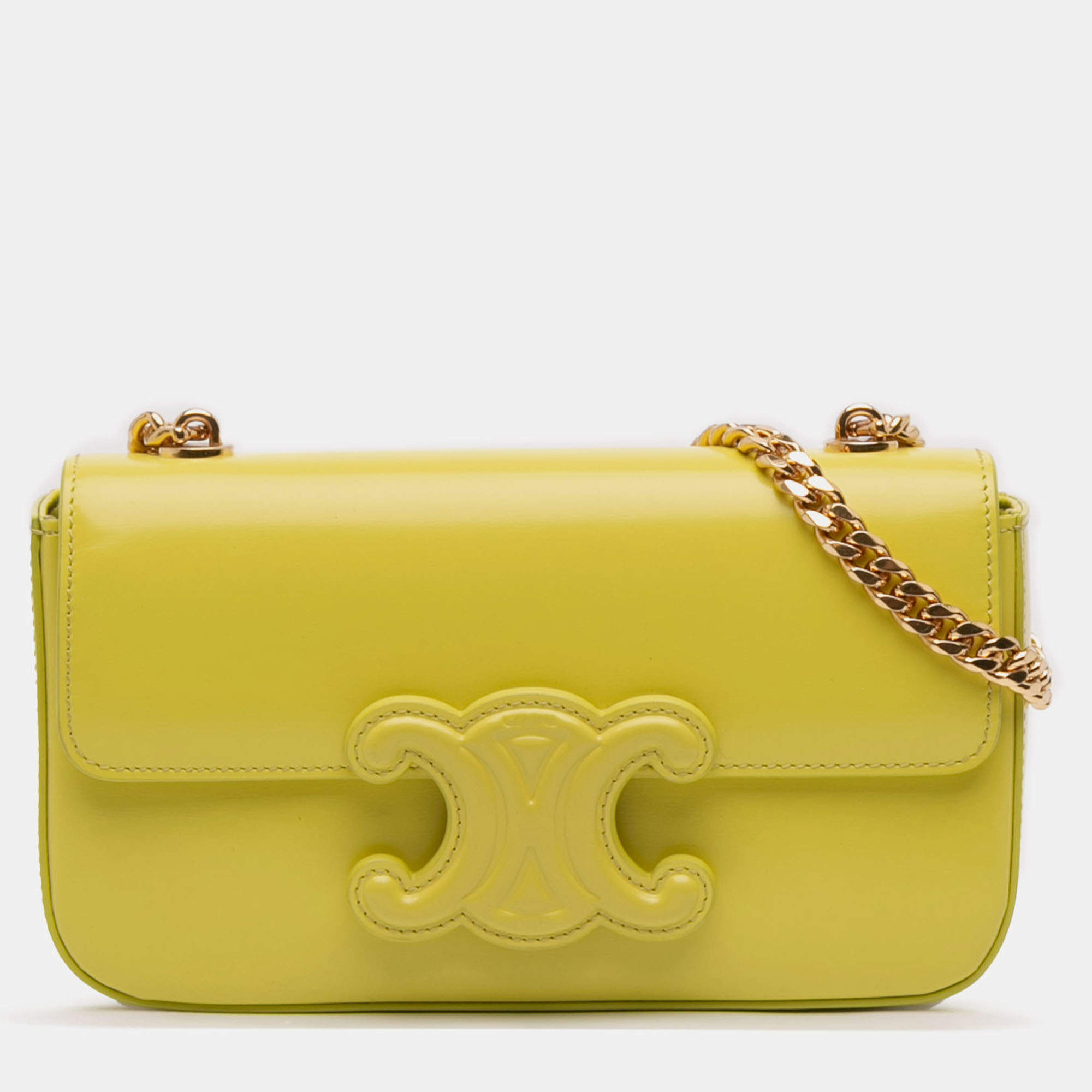 Pre Owned Celine Yellow Calfskin Cuir Triomphe Chain Shoulder Bag