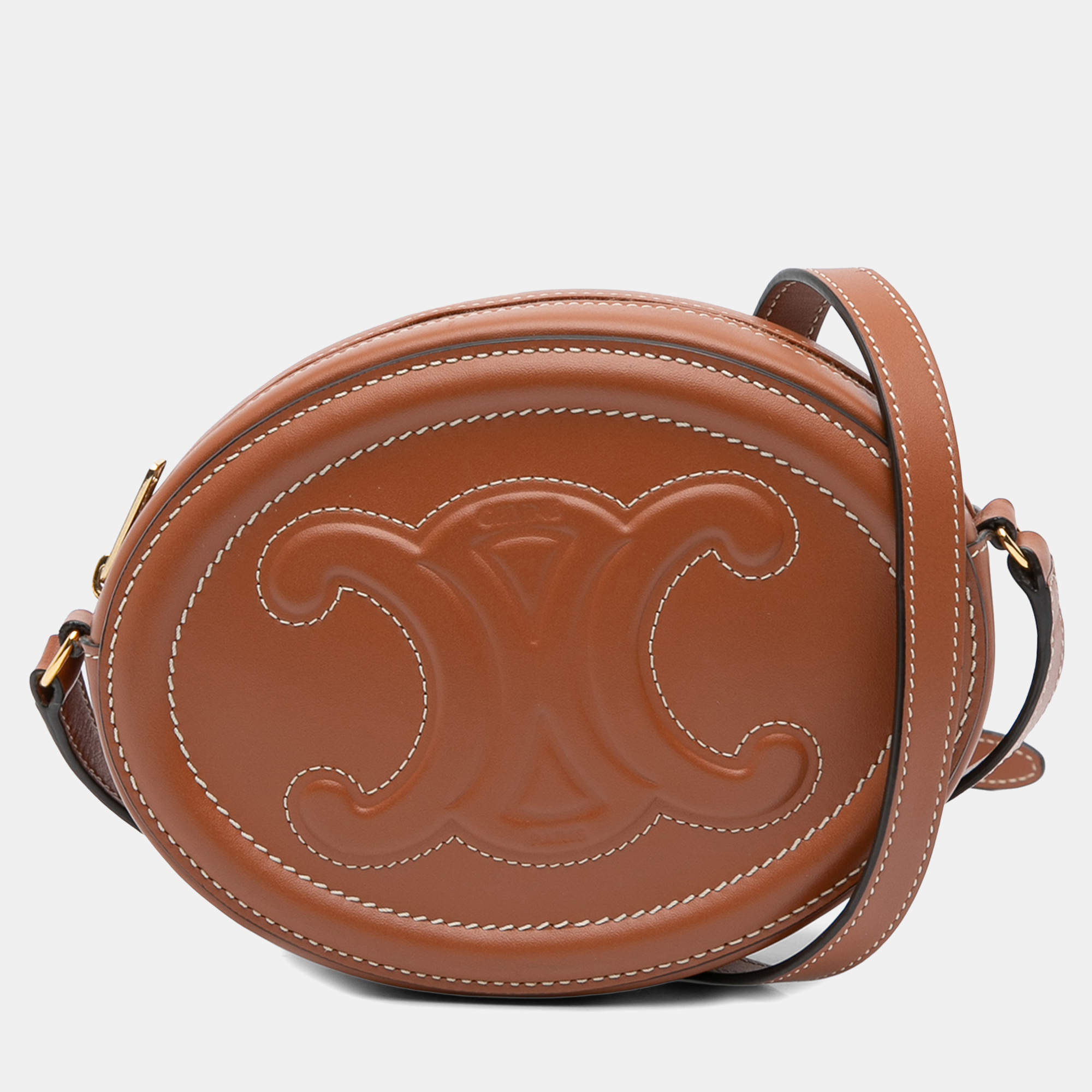 Pre Owned Celine Brown Small Calfskin Cuir Triomphe Oval Crossbody