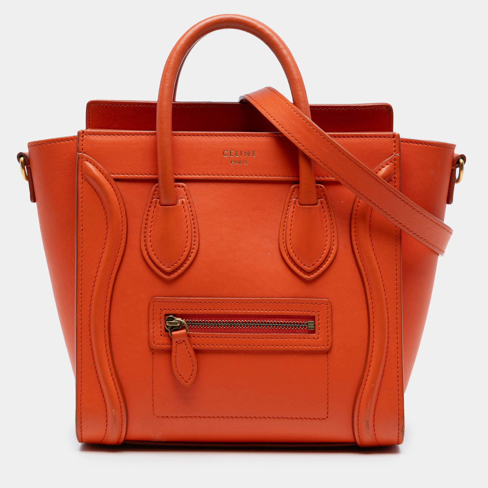 Pre Owned Celine Orange Nano Leather Luggage Tote