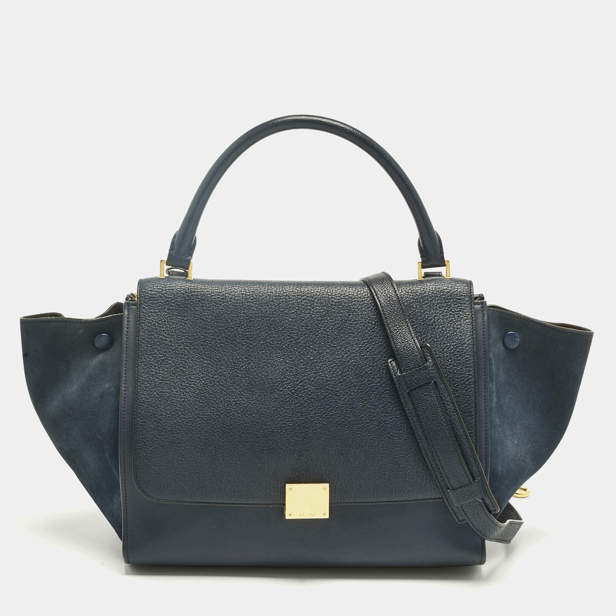 Pre Owned Celine Navy Blue Leather and Suede Medium Trapeze Top Handle Bag