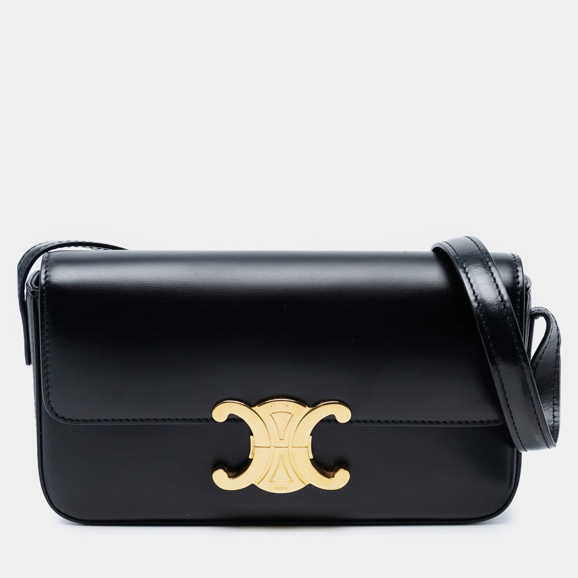 Pre Owned Celine Black Shiny Calfskin Triomphe Claude Shoulder Bag