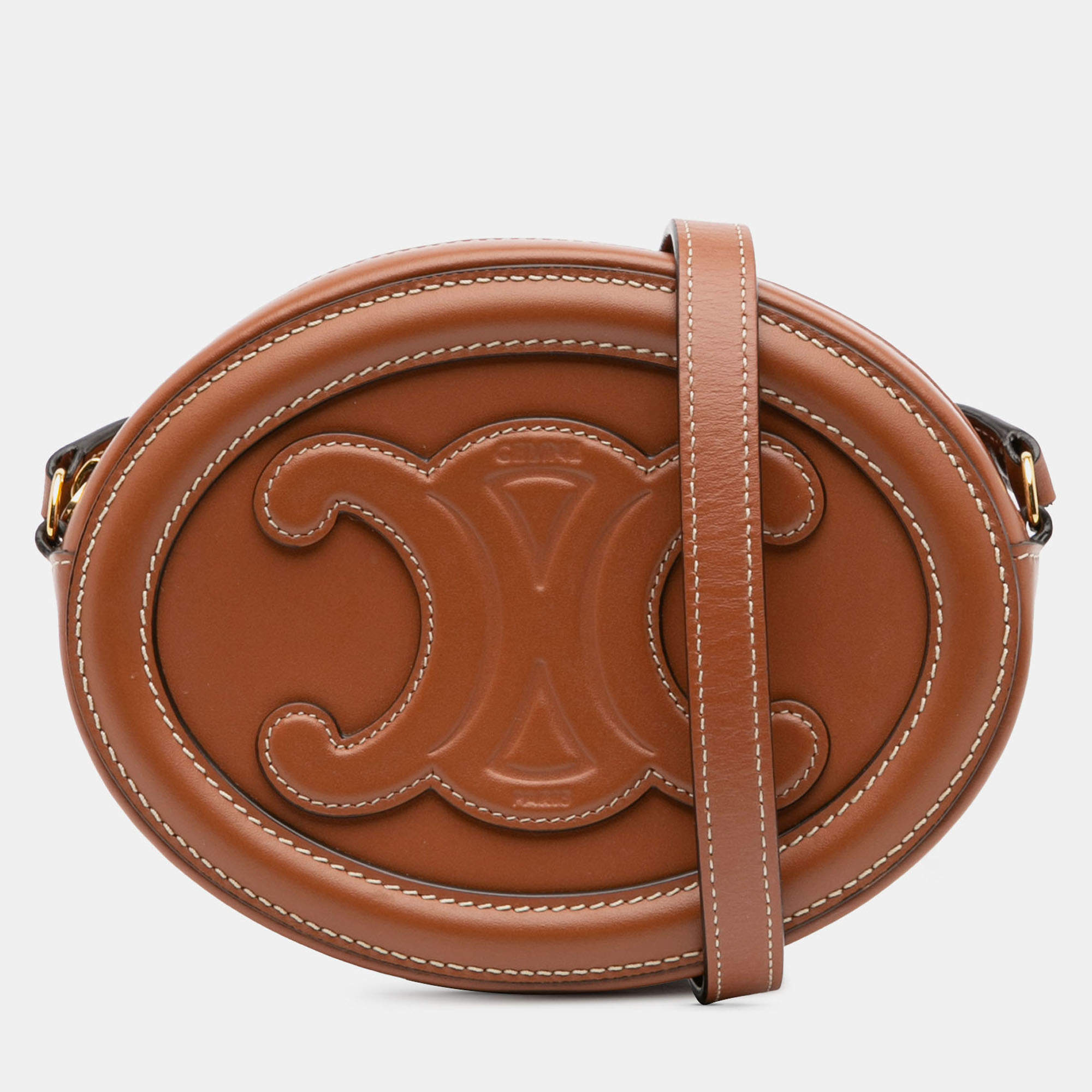 Pre Owned Celine Brown Small Calfskin Cuir Triomphe Oval Crossbody