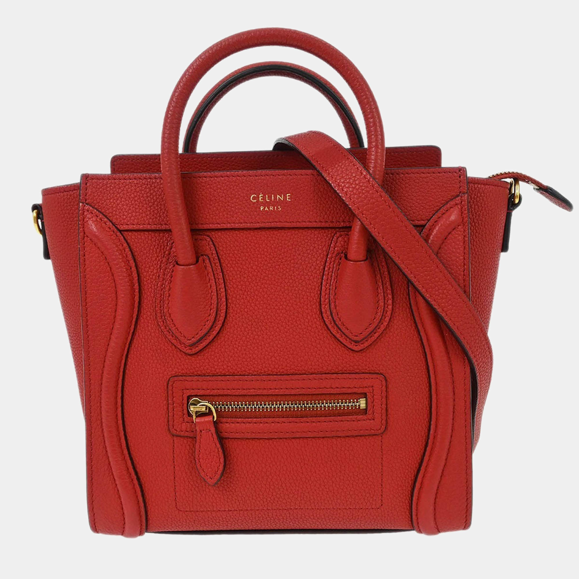 Pre Owned Celine Red Leather Nano Luggage Tote Handbag