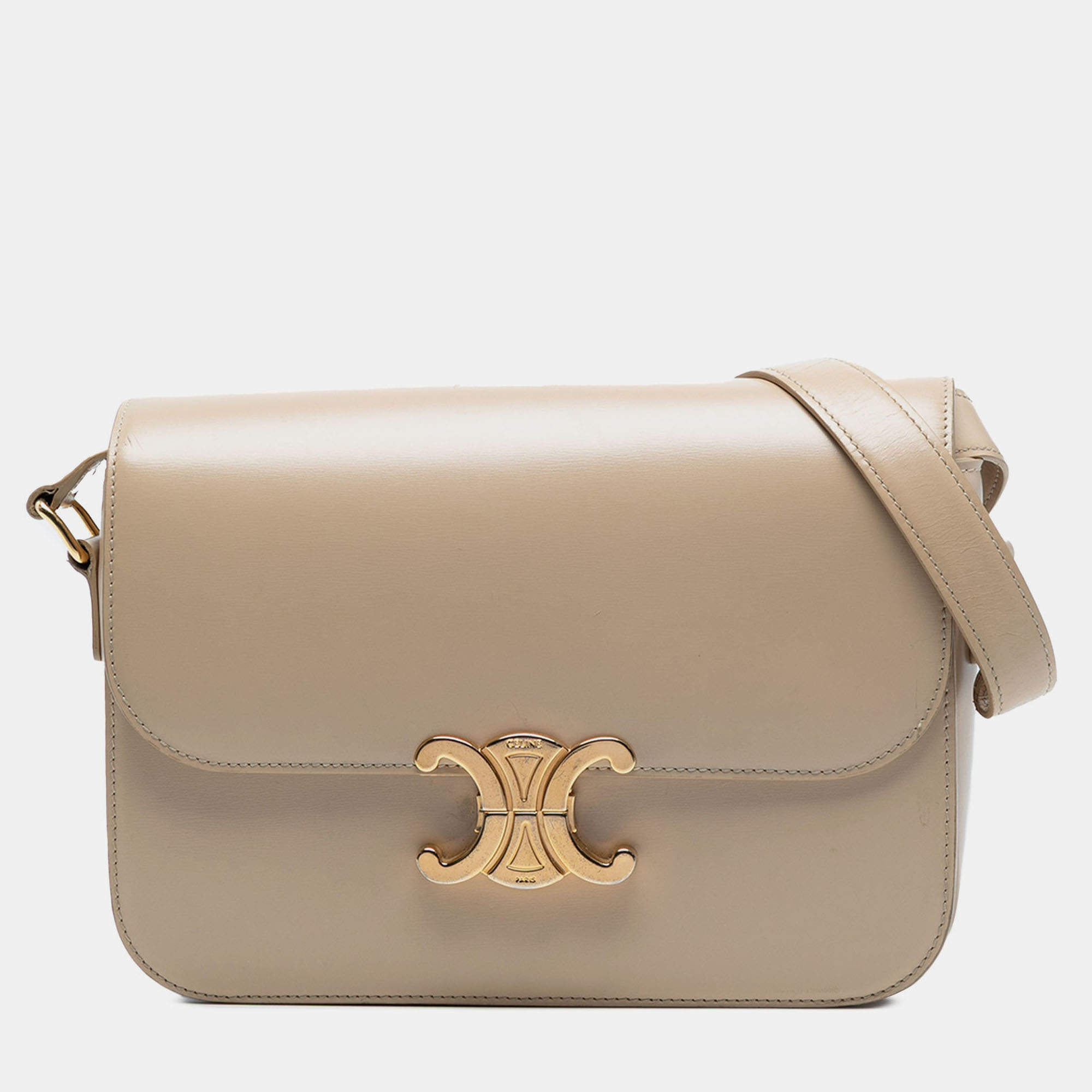 Pre Owned Celine Beige Classique Shiny Calfskin Triomphe Crossbody
