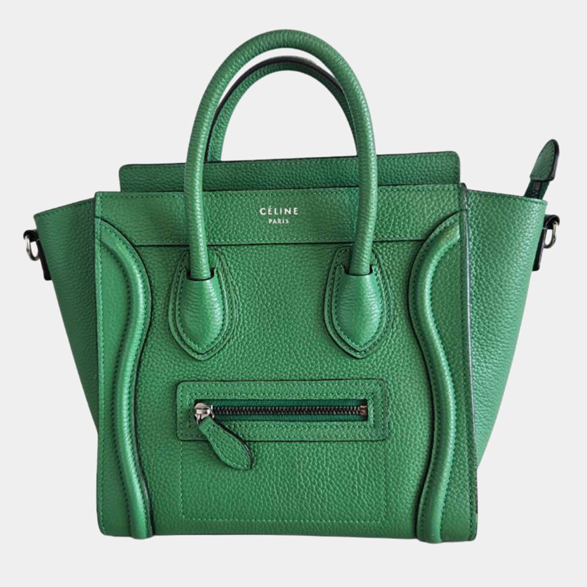 Pre Owned Celine Nano Luggage Green Leather Tote Bag