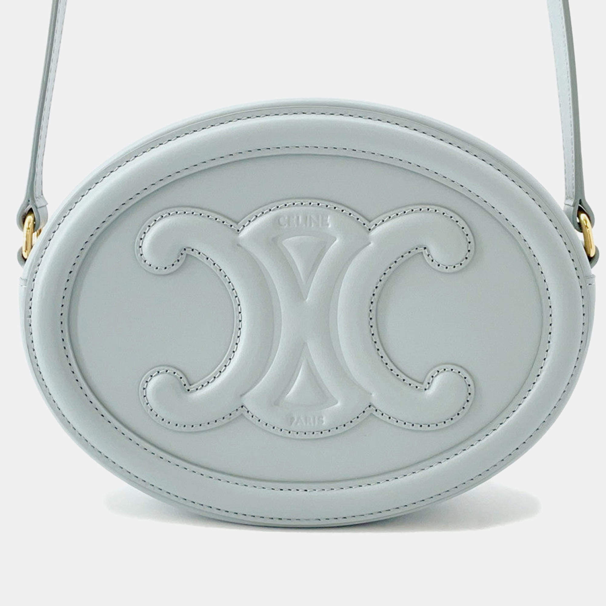 Pre Owned Celine Cuir Triomphe Oval Purse Shoulder Bag Light Blue Leather