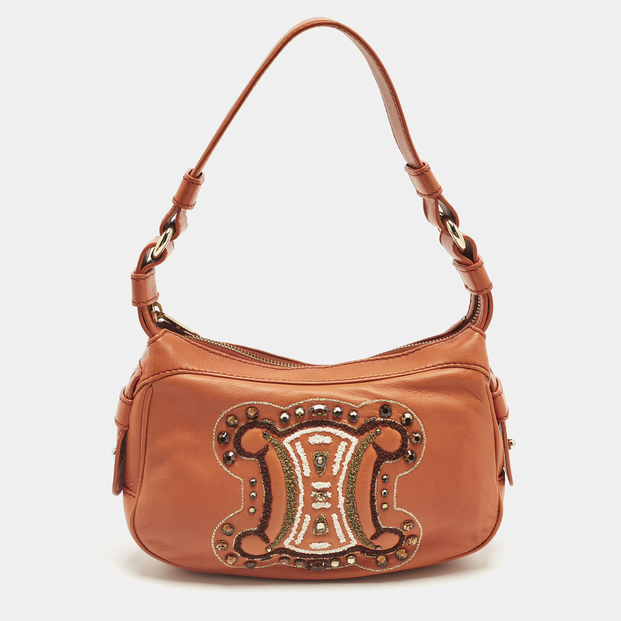 Pre Owned Celine Triomphe Crystals Orange Leather Shoulder Bag
