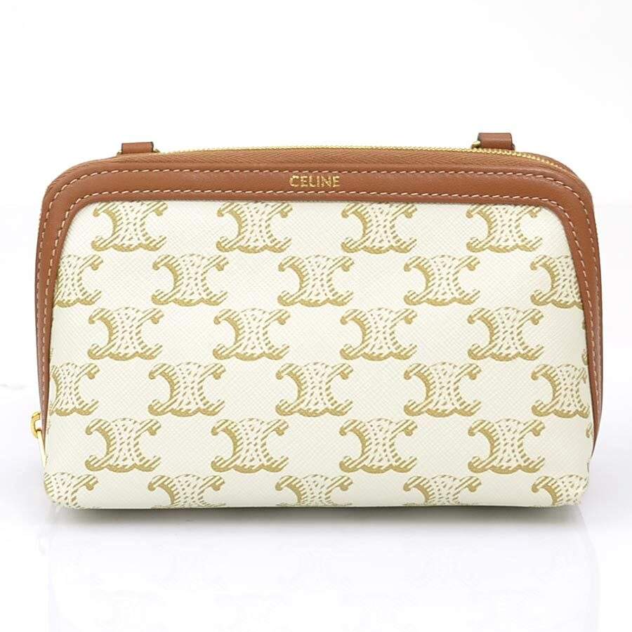 Pre Owned Celine Shoulder Bag Pouch Triomphe Leather Off-White Brown Gold
