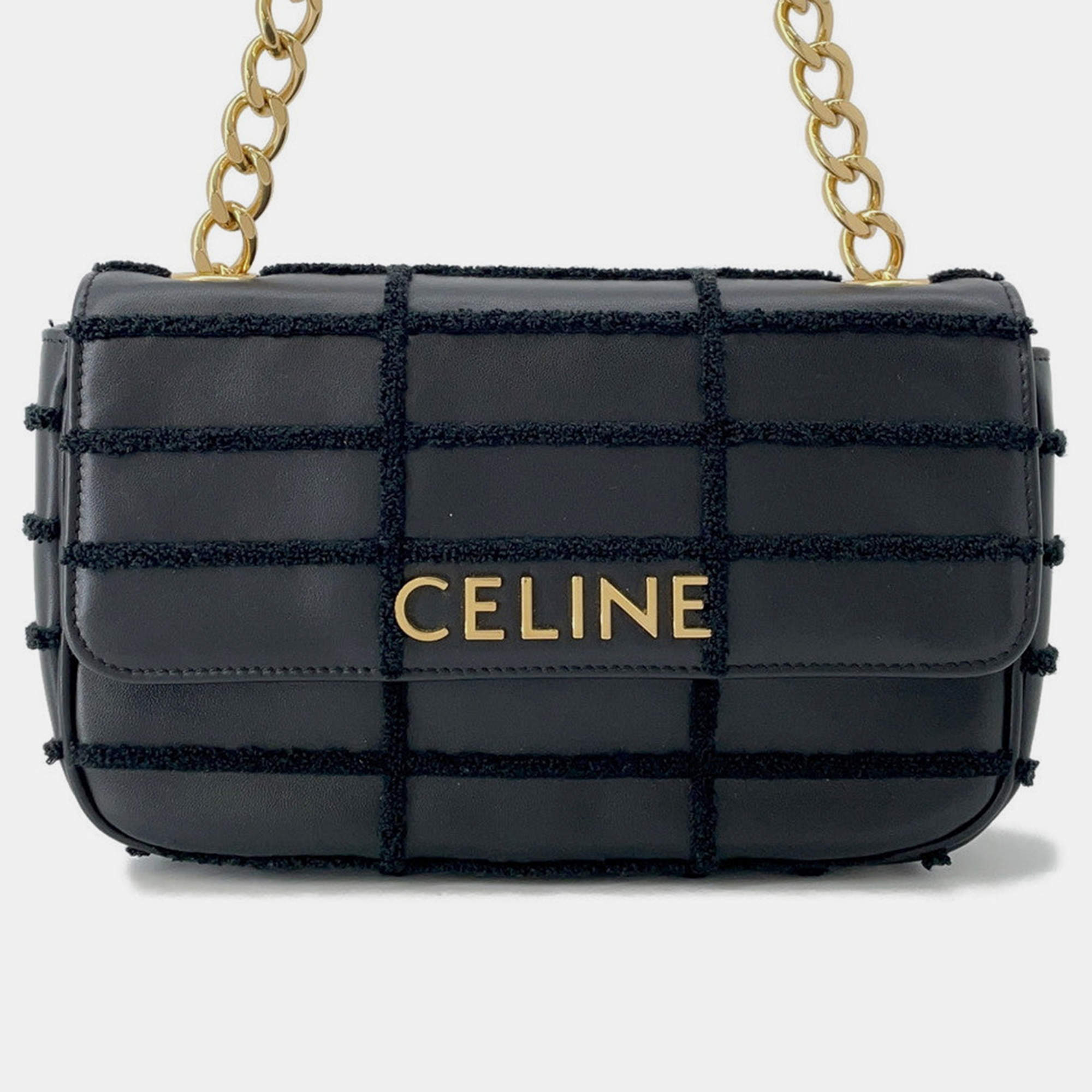 Pre Owned Celine Mono Chrome Chain shoulder Bag Black Leather