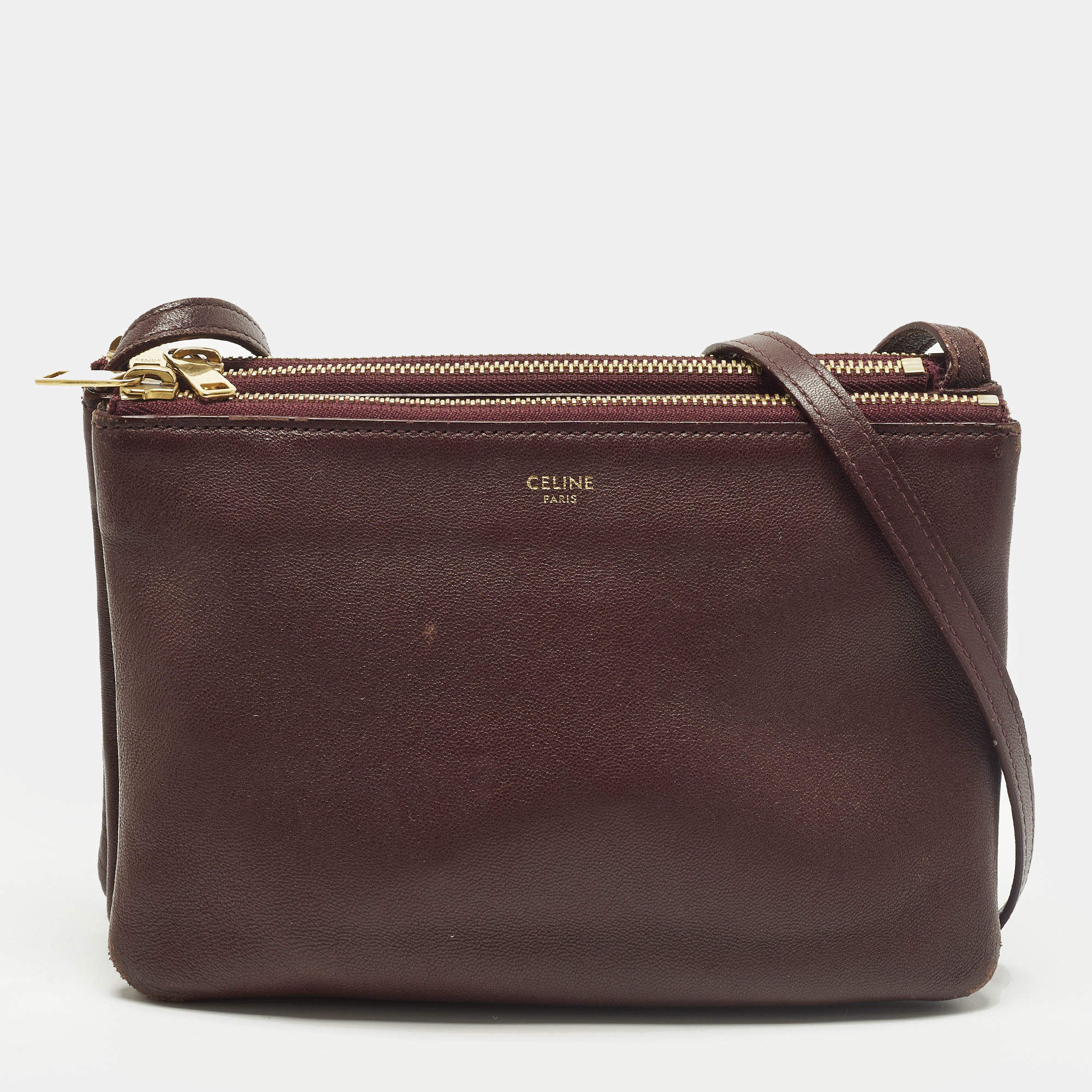 Pre Owned Celine Trio Small Burgundy Leather Crossbody Bag