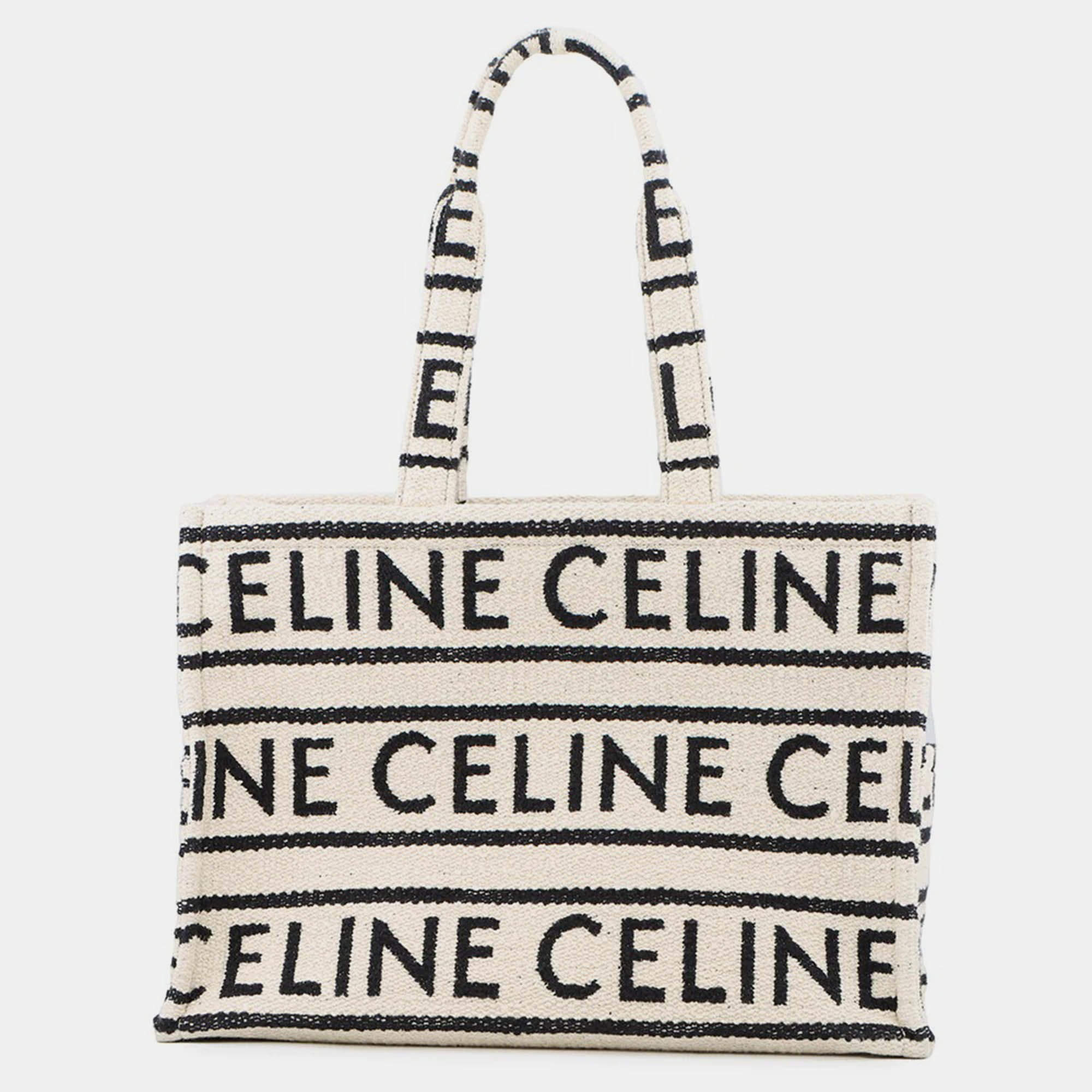 Pre Owned Celine Kabataï­ Tote Bag White/Black Cotton Size Large