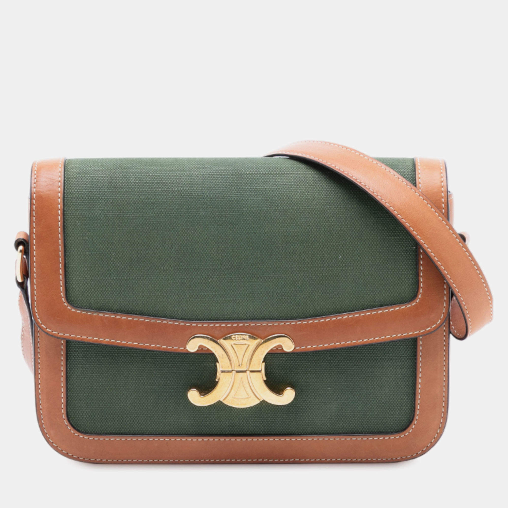 Pre Owned Celine Green Teen Canvas and Calfskin Triomphe Crossbody