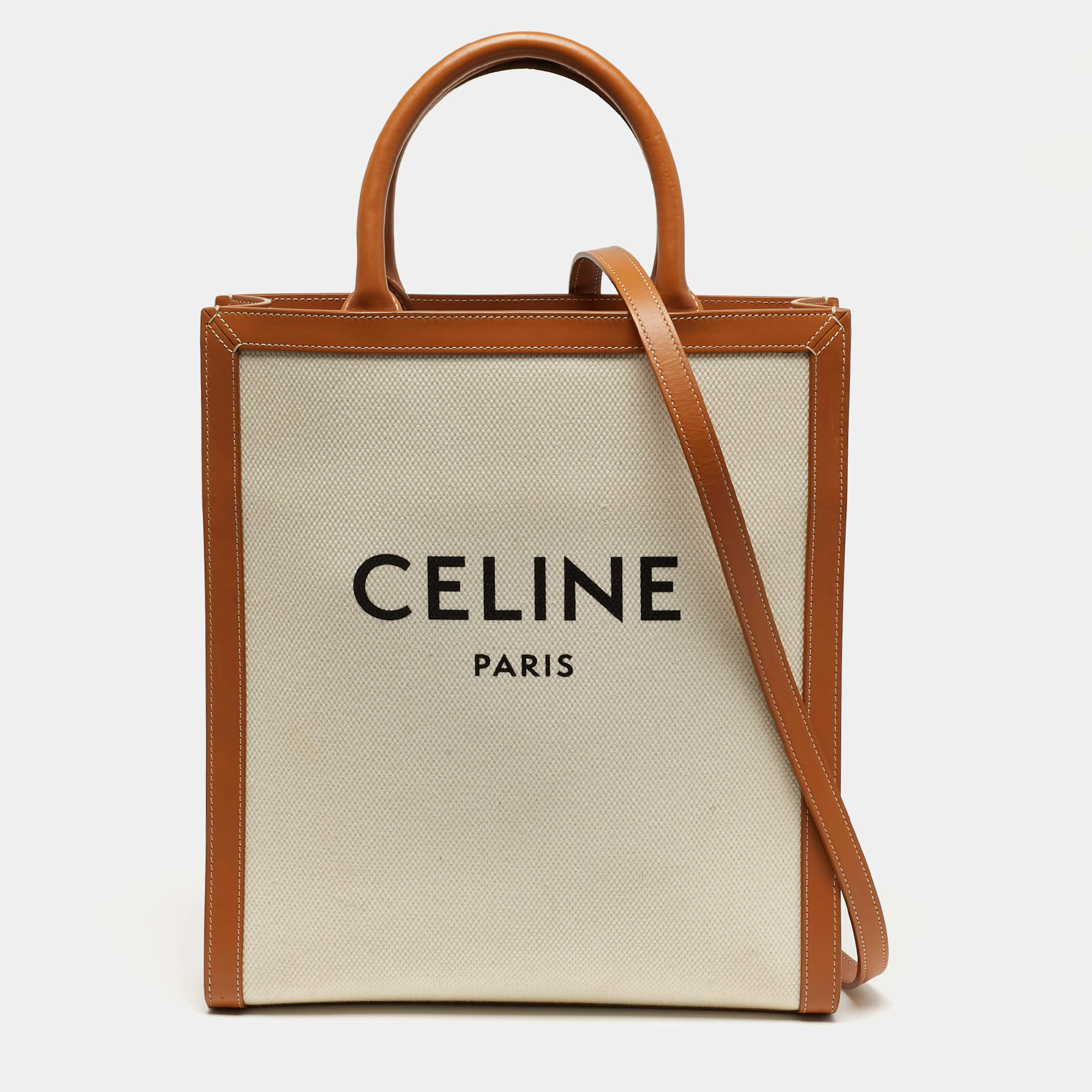 مملوكة مسبقًا حقيبة يد سيلين كاباس قماش طبيعي وجلد صغيرة رأسية تان