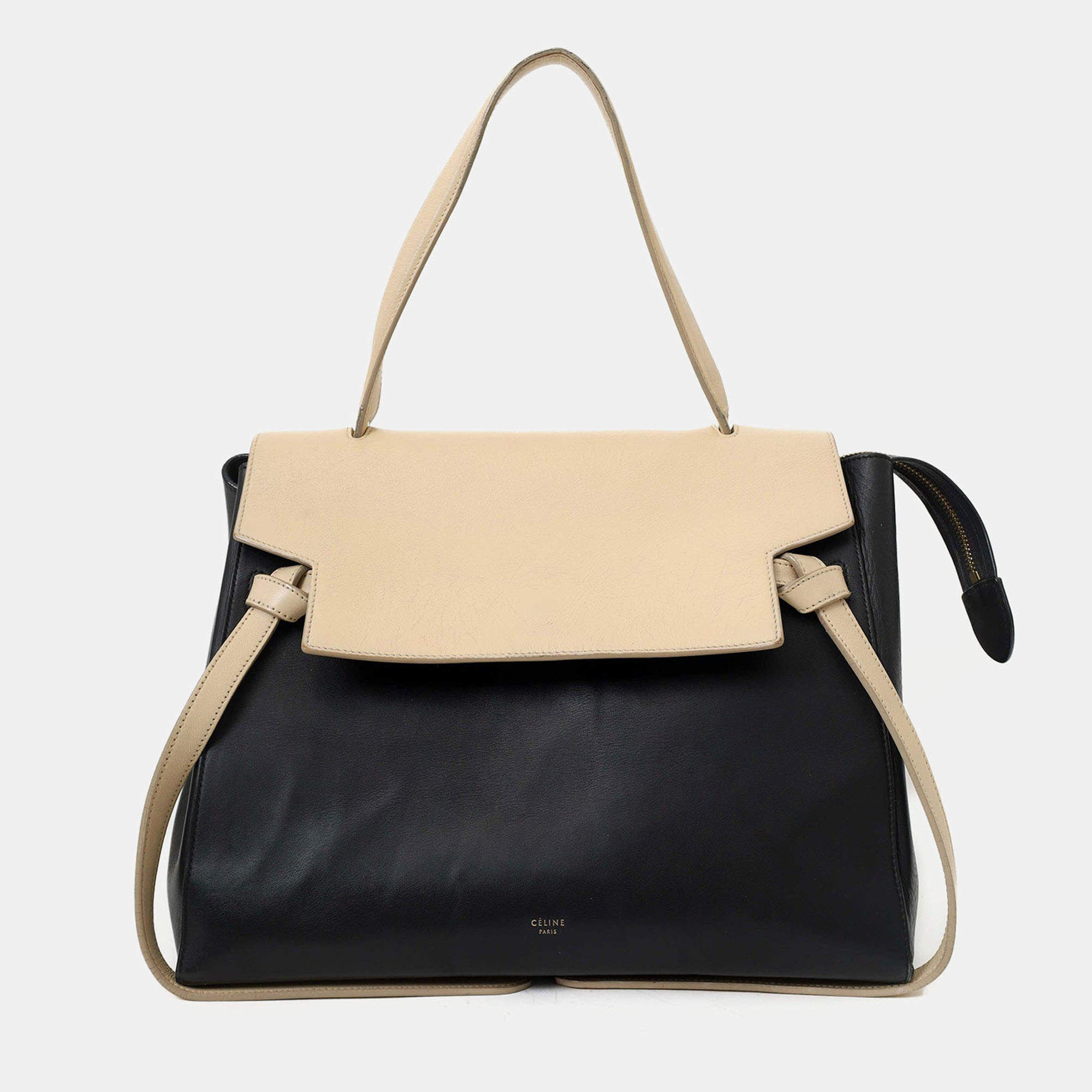 Pre Owned Celine Black/Cream Leather Logo Belt Bag