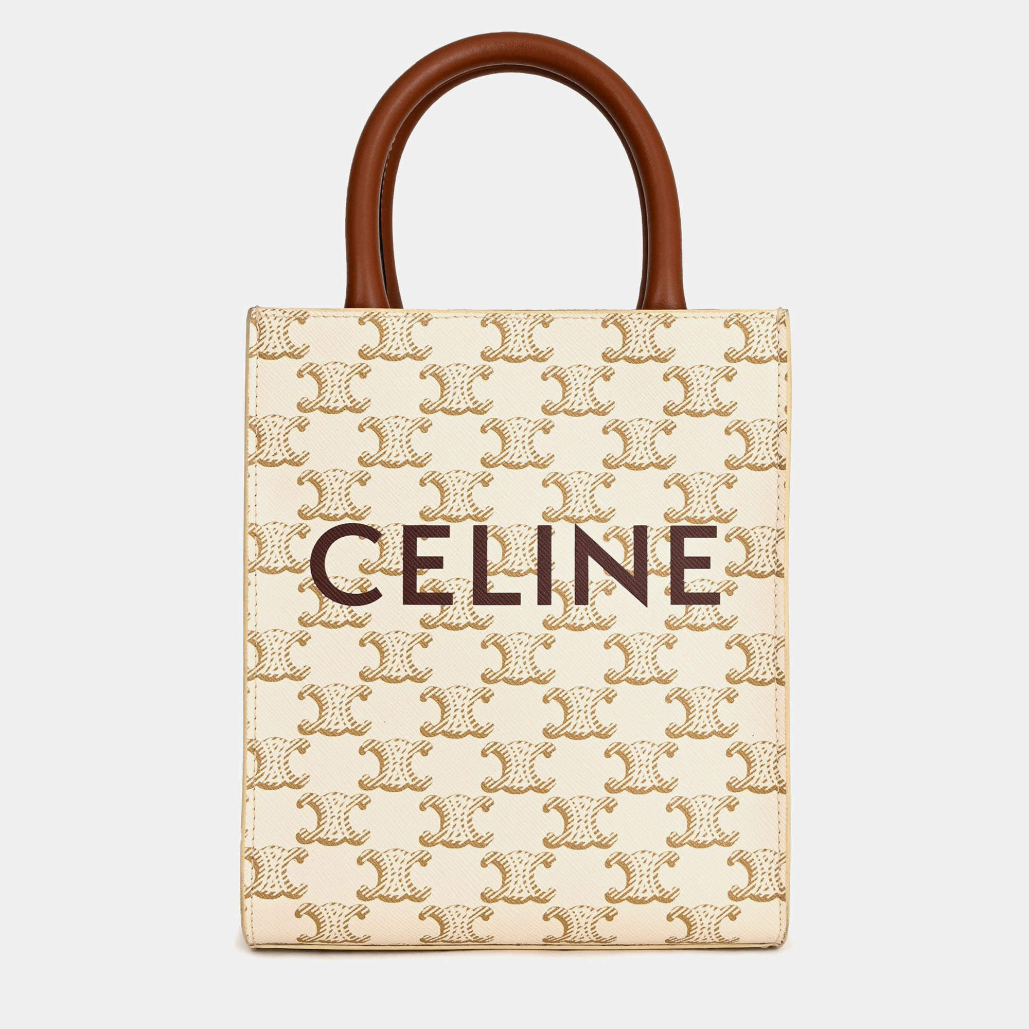 مملوكة مسبقًا Celine White/Brown Leather/Canvas Mini Triomphe Cabas Vertical Tote with Strap