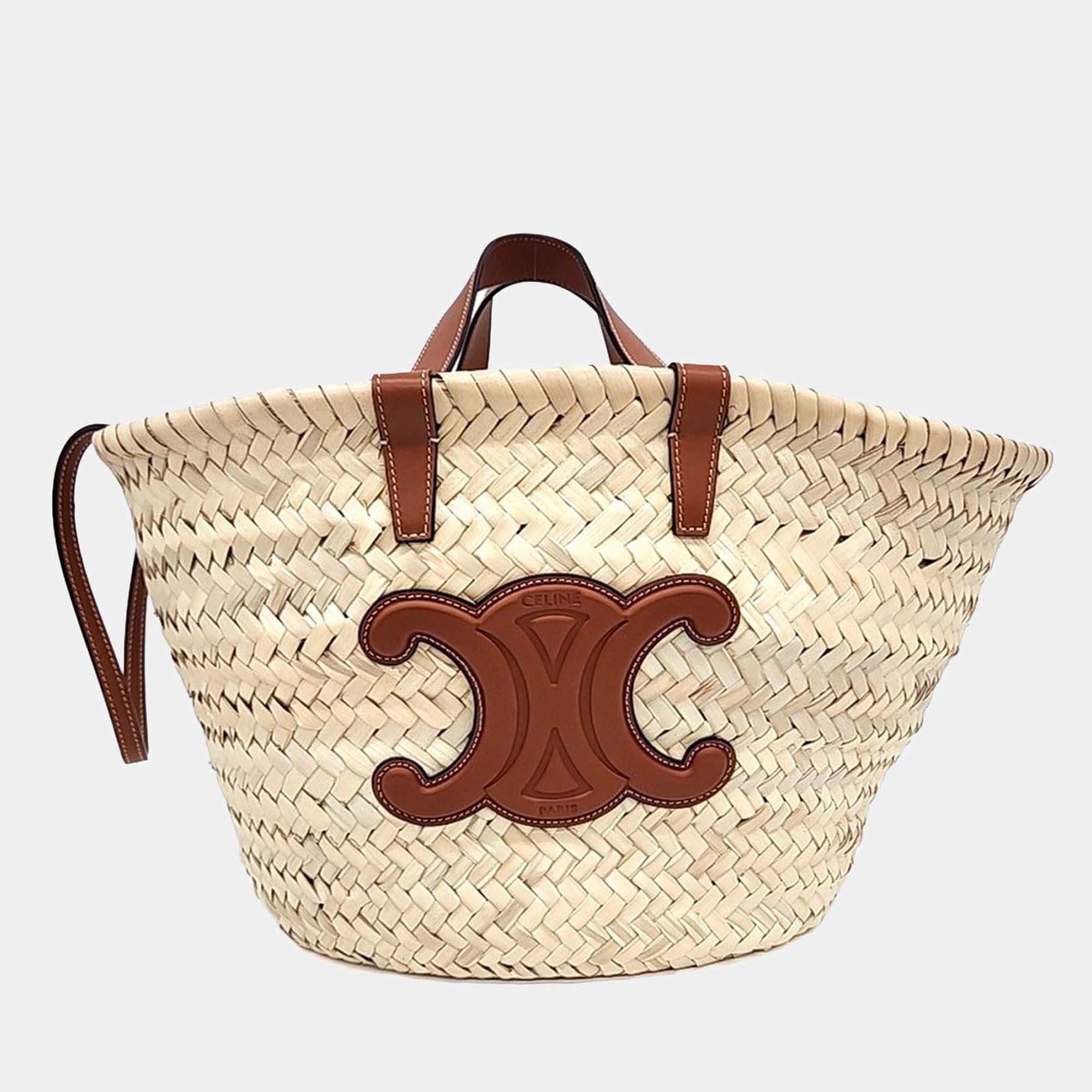 Pre Owned حقيبة كتف سلين تريومف من القش بيج/بني