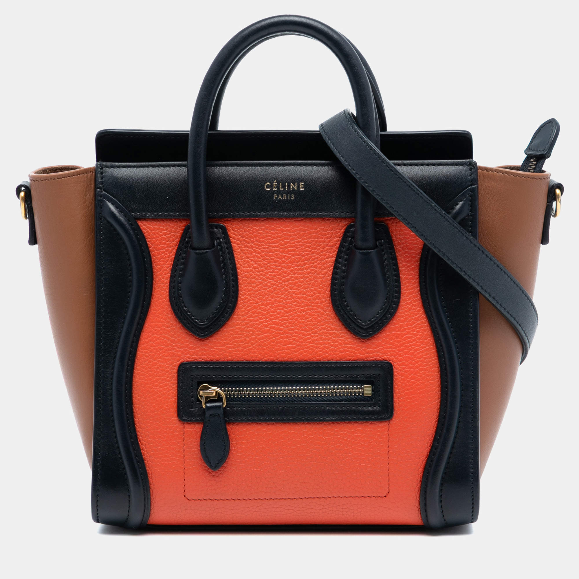 Pre Owned Celine Orange Nano Tricolor Leather Luggage Tote
