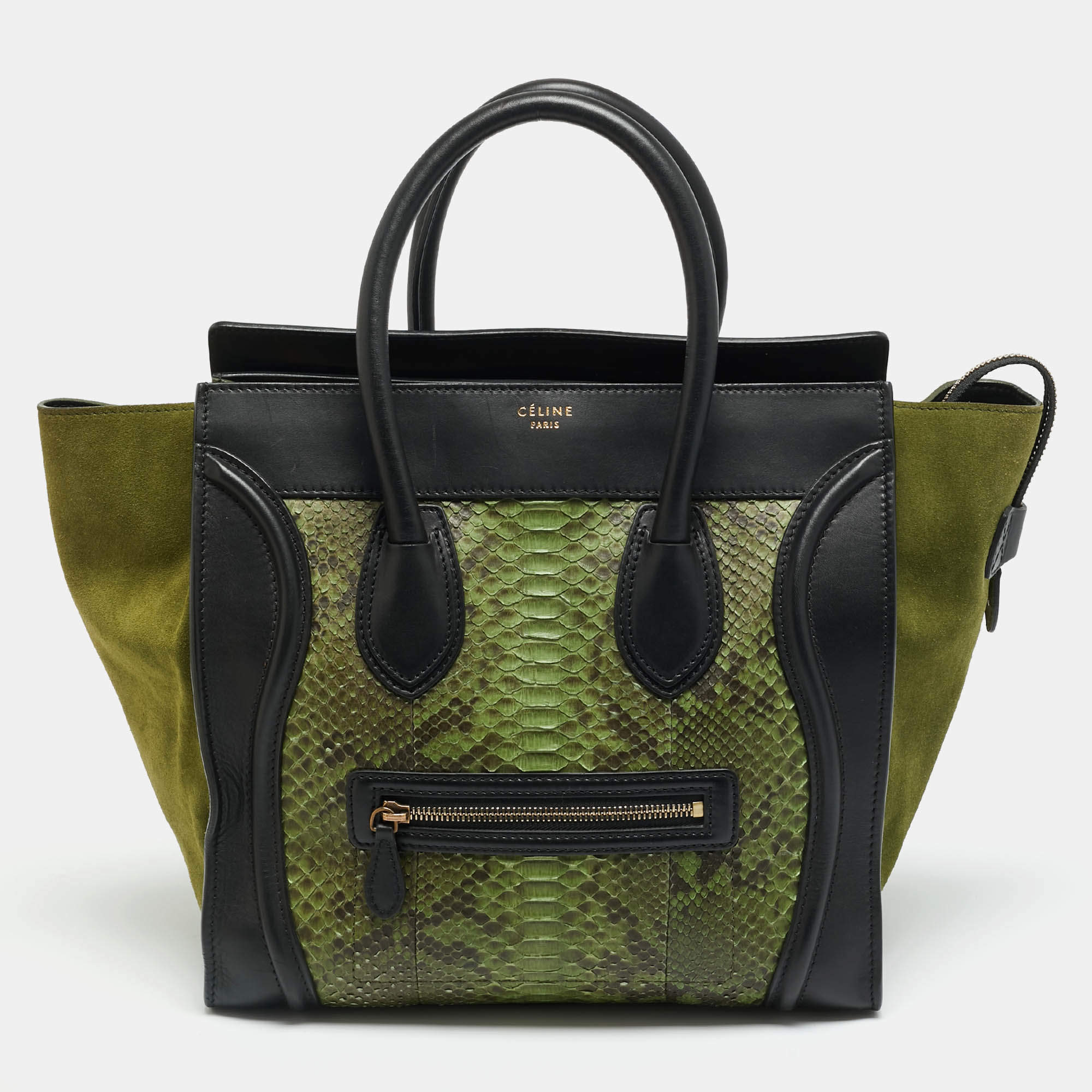 Pre Owned Celine Luggage Mini Black/Green Leather and Python Tote