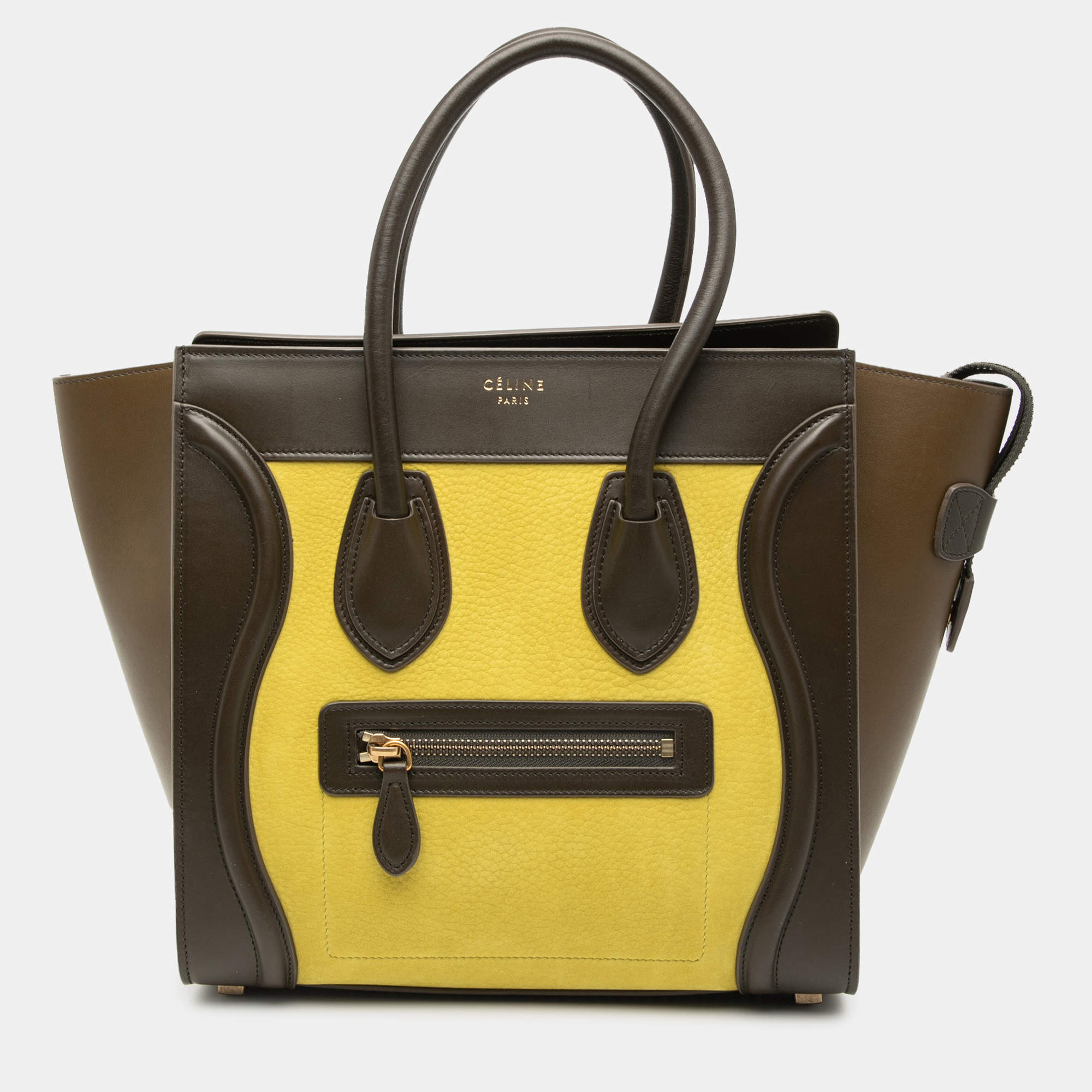 Pre Owned Celine Brown Yellow Micro Tricolor Leather Luggage Tote