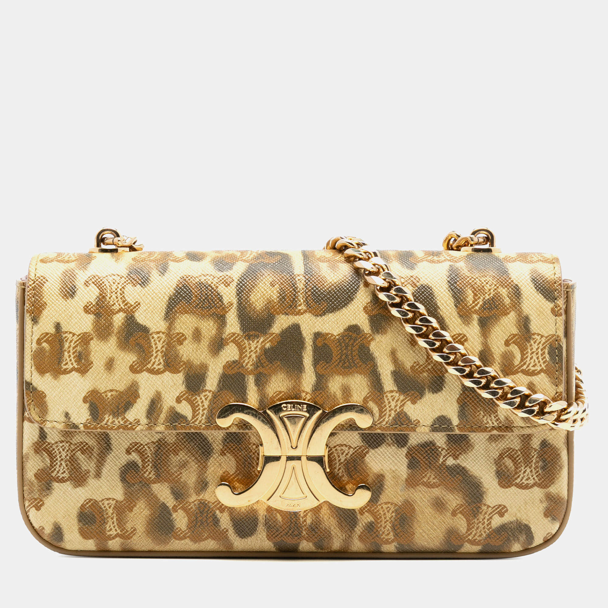 Pre Owned Celine Brown Calfskin Leopard Print Claude Chain Shoulder Bag